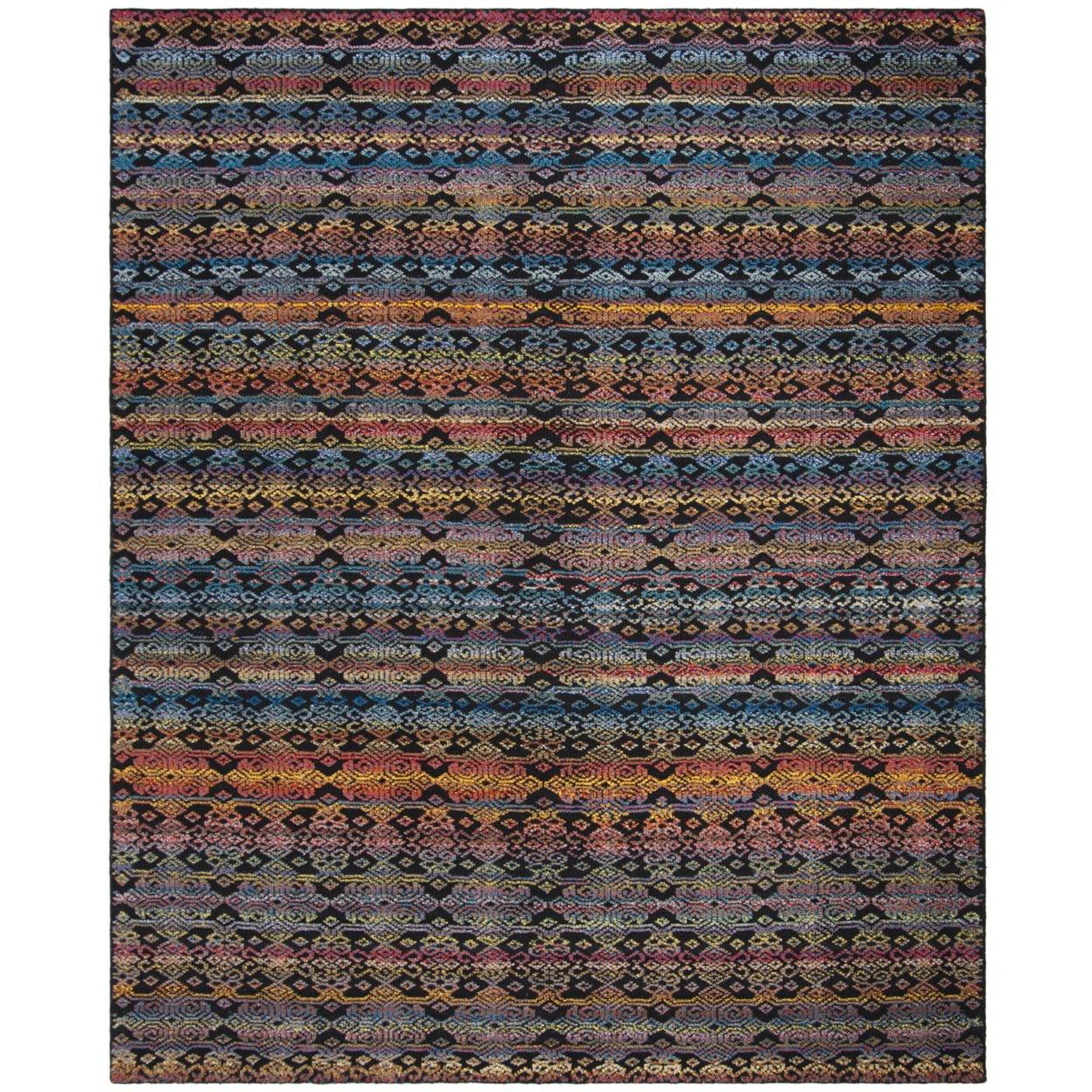 Hand-Knotted Black and Multicolor Wool Rectangular Rug 8' x 10'