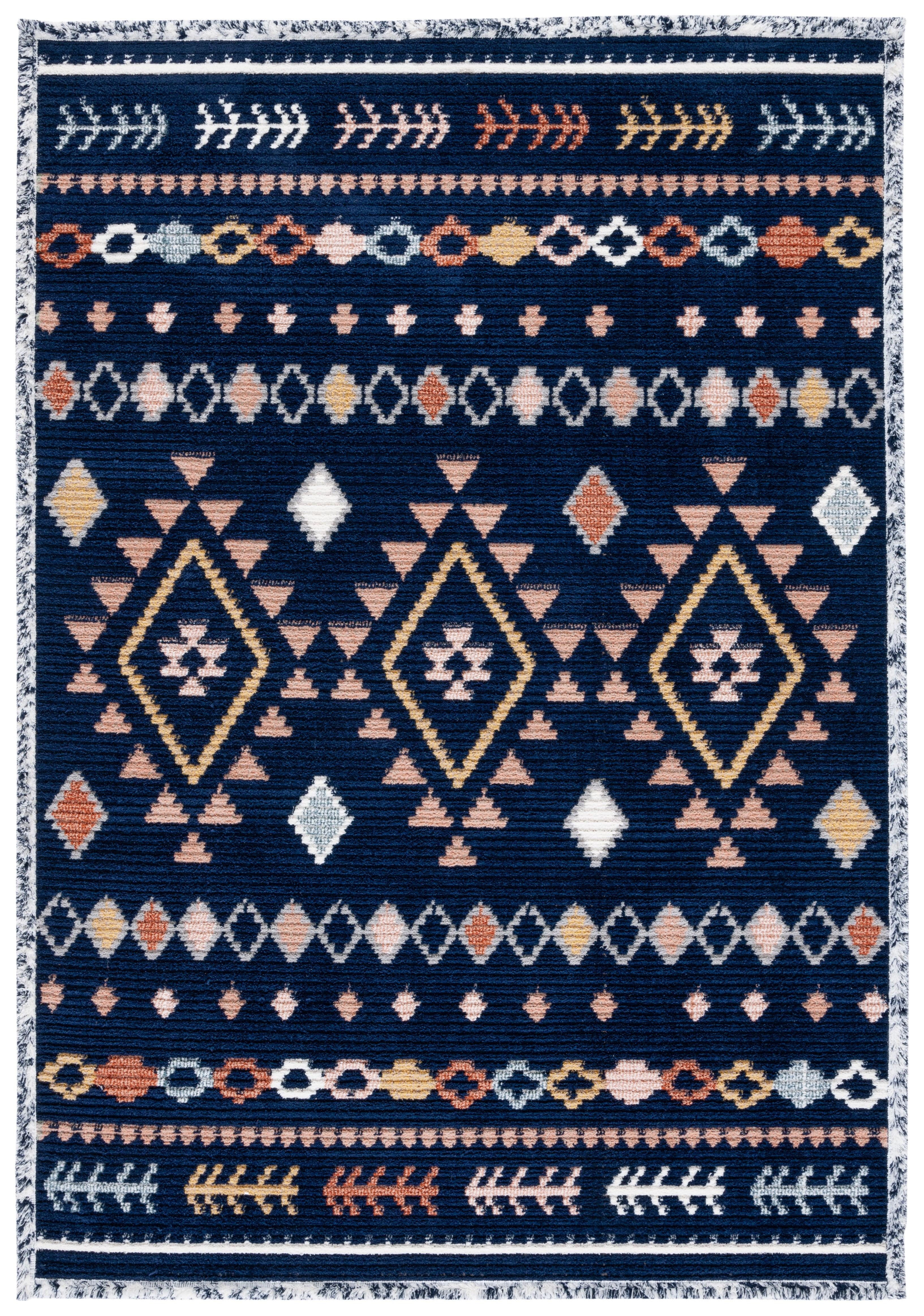 Navy and Multicolor Geometric Wool Area Rug, 4' x 6'