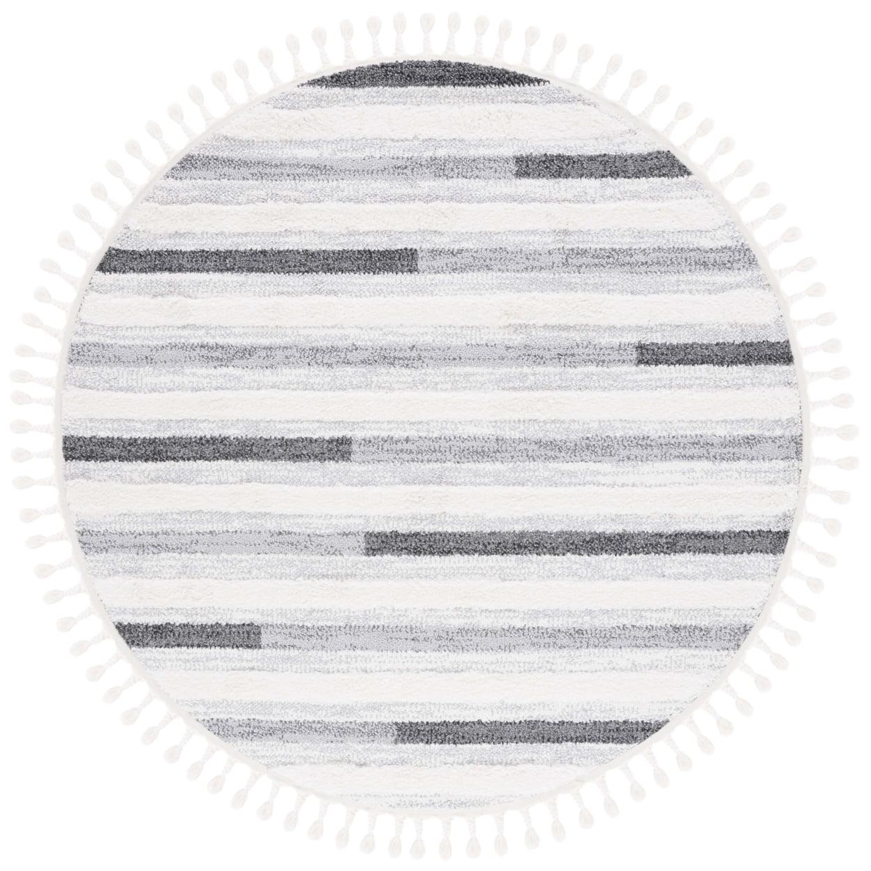 Ivory and Grey Round Braided Shag Rug with Tassels