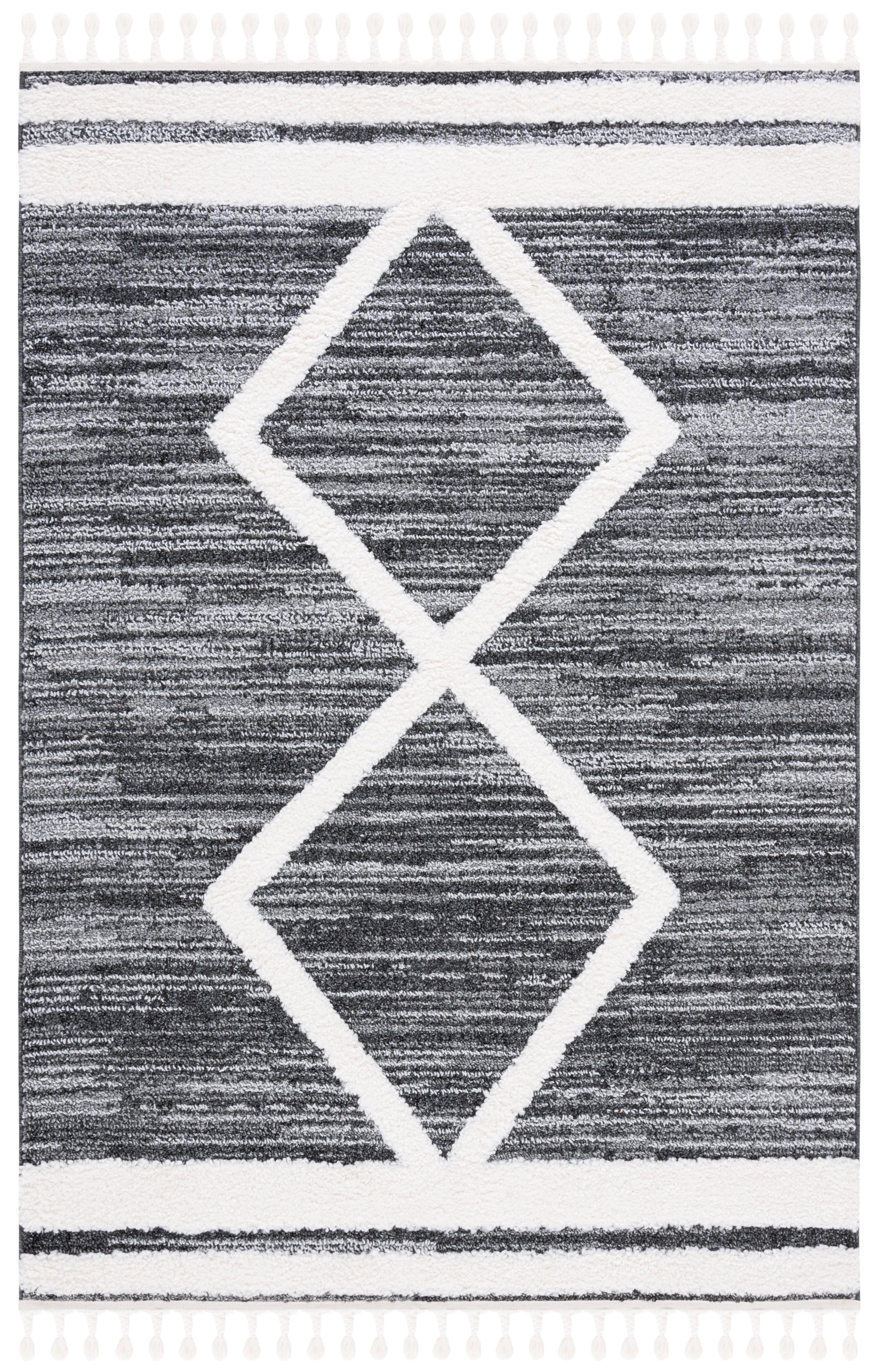 Black and Ivory Diamond Shag Synthetic Area Rug with Braided Tassels