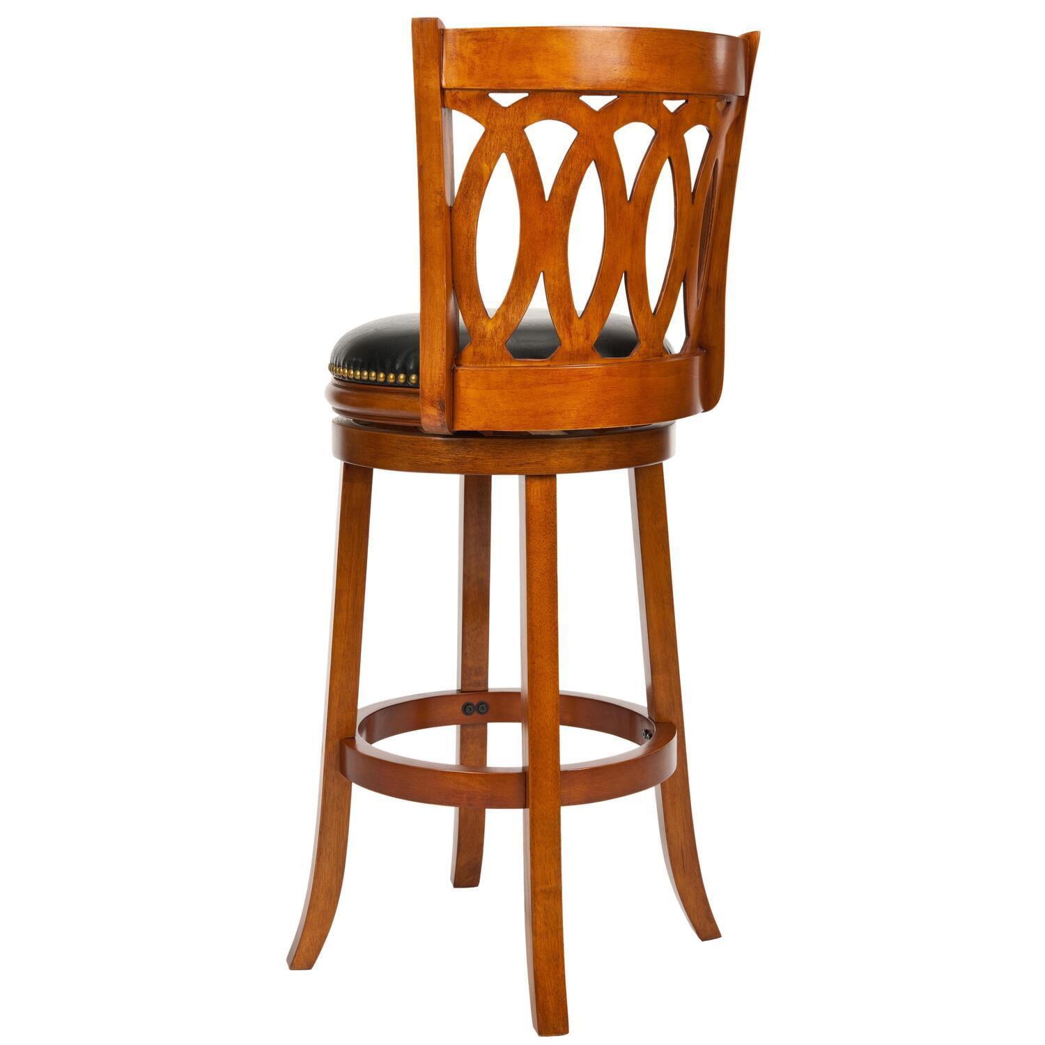 Transitional Baldwin Carved Swivel Barstool in Dark Oak & Black Leather