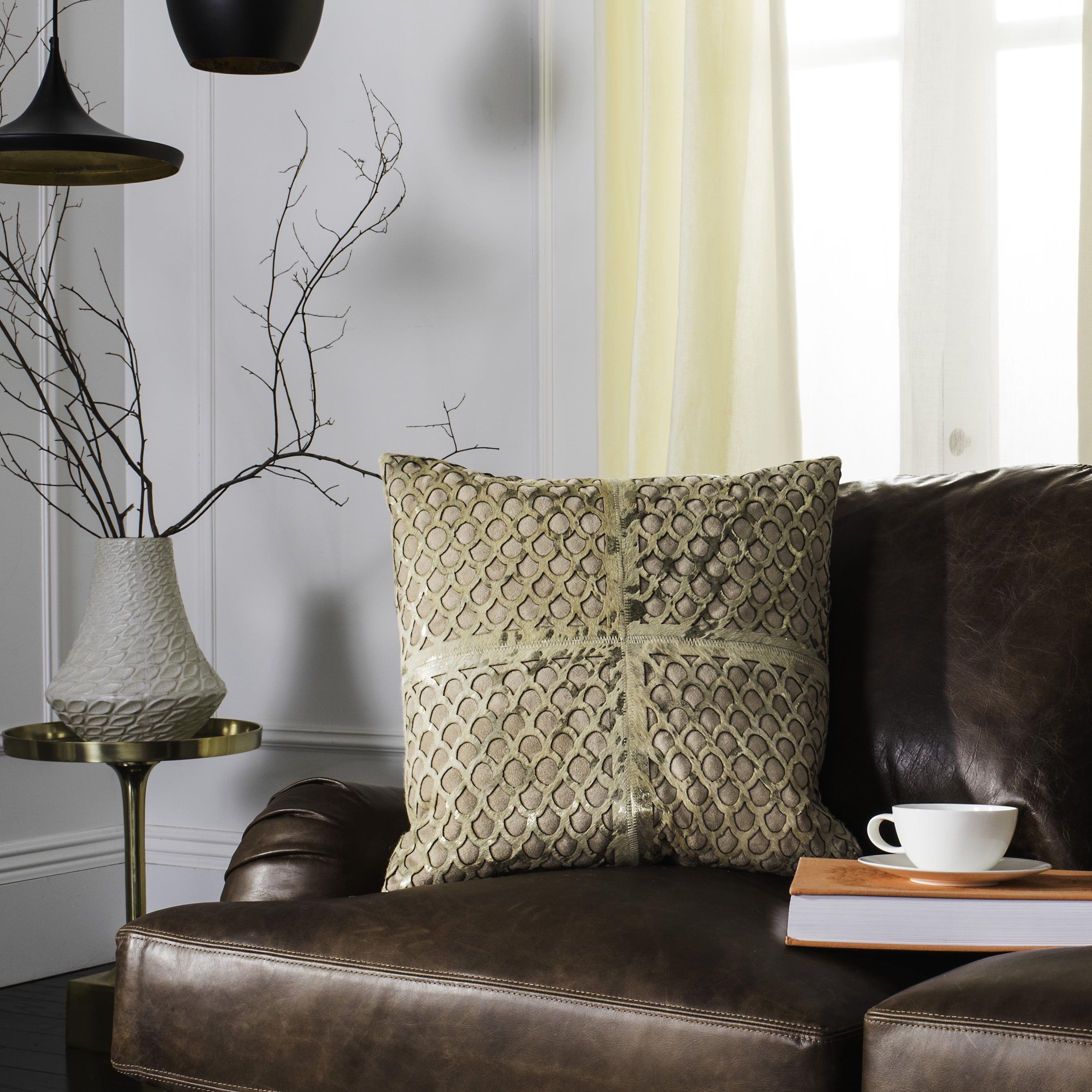 Beige and Gold Cowhide Square Throw Pillow