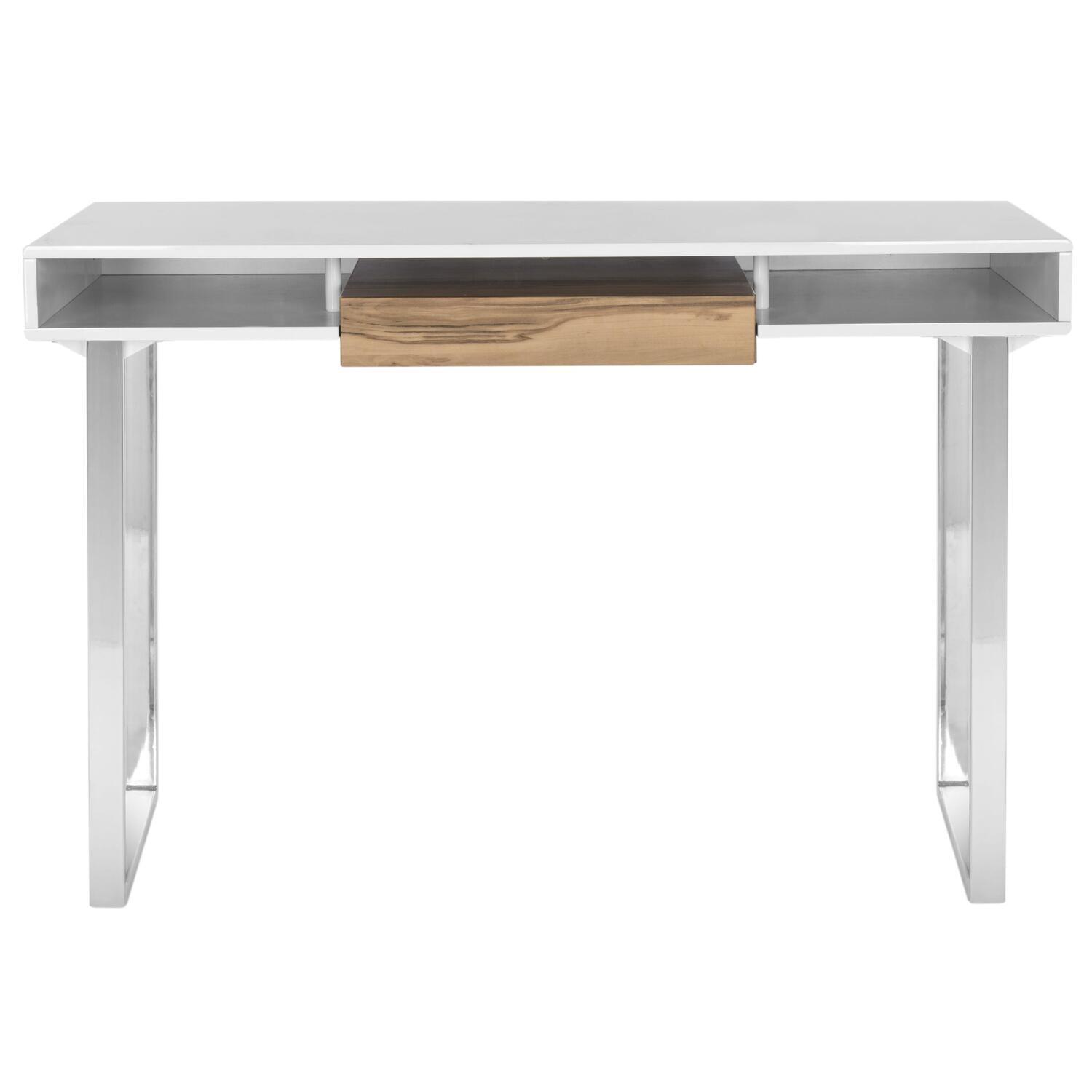 White and Natural Wood Modern Writing Desk with Drawer