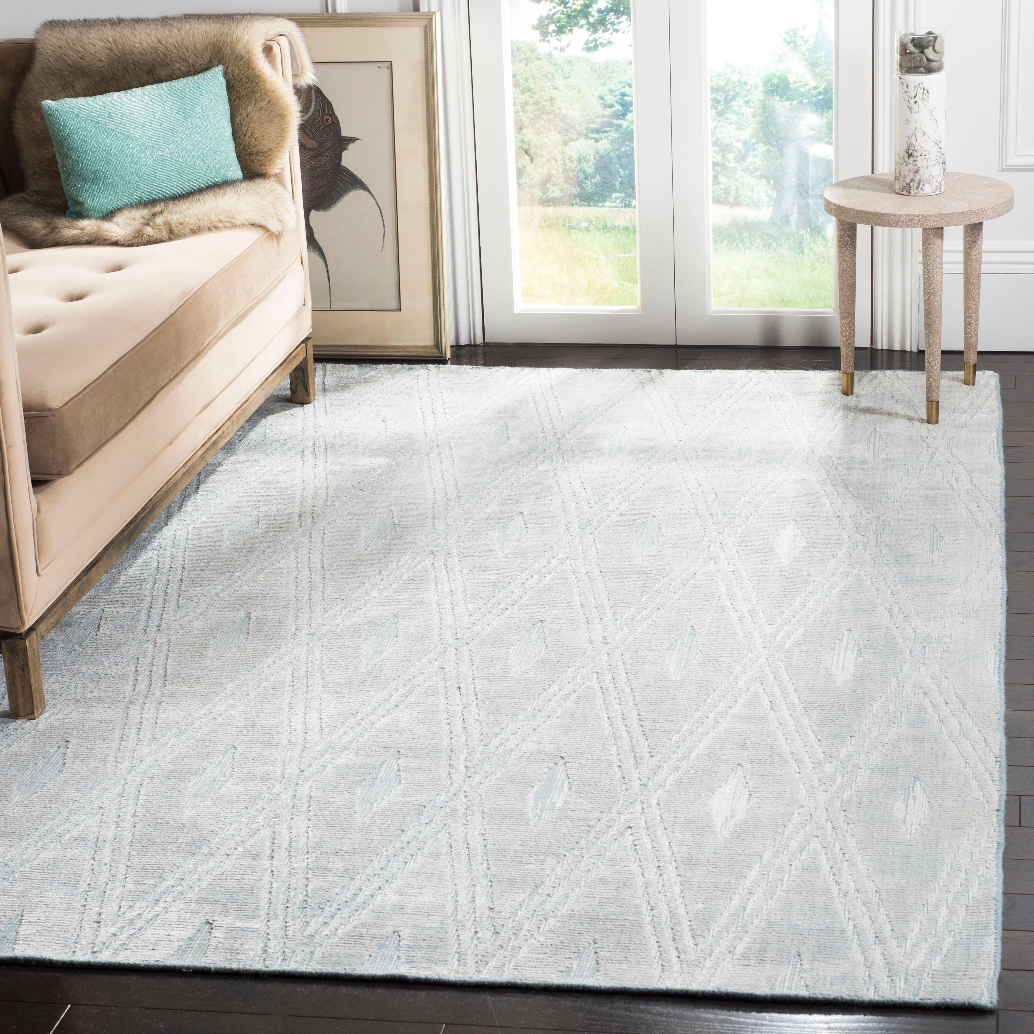 Blue Geometric Hand-Knotted Wool Viscose 9' x 12' Rug