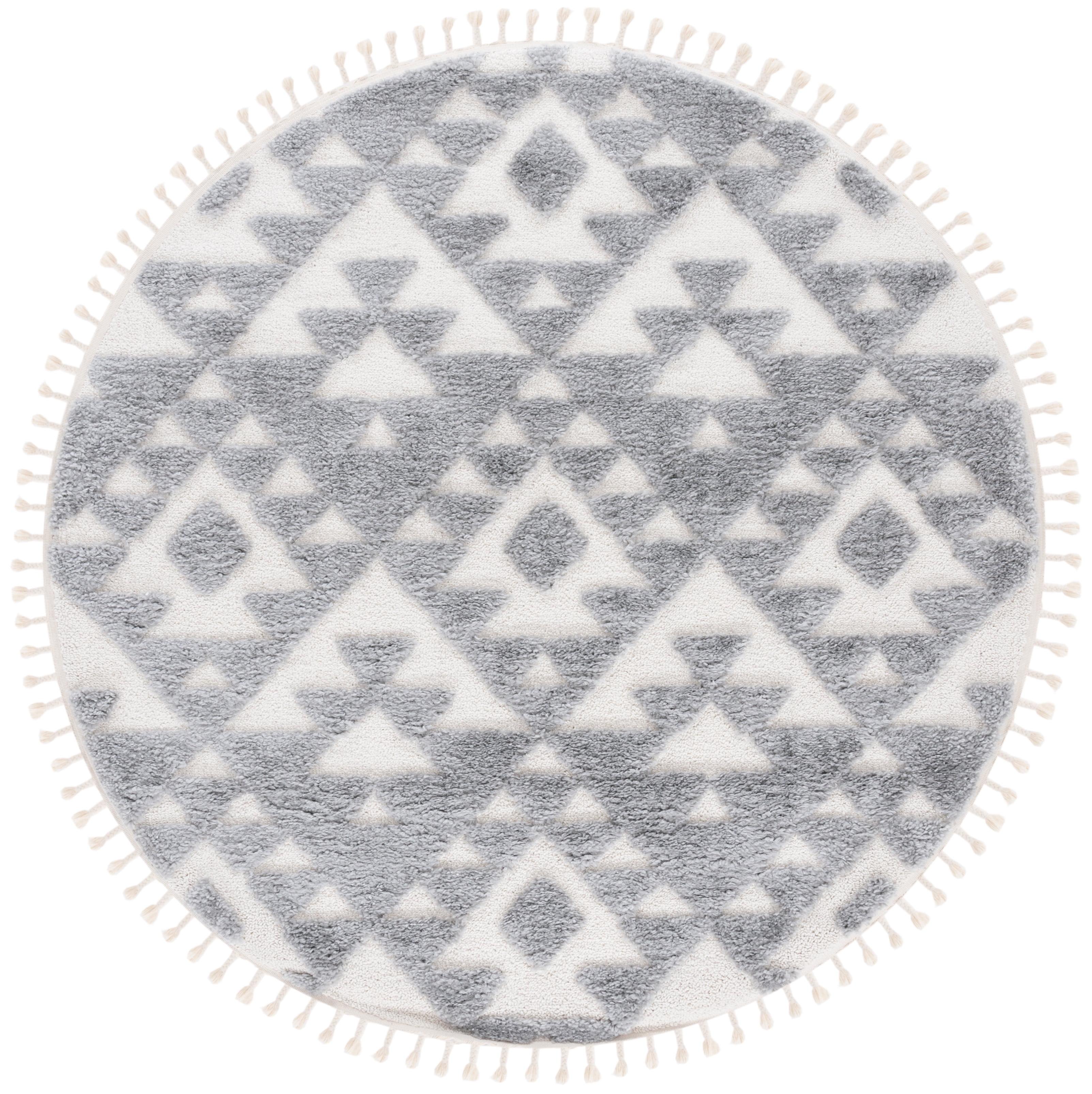 SAFAVIEH Moroccan Tassel Larry Geometric Shag Area Rug, Gray/Ivory, 6'7" x 6'7" Round