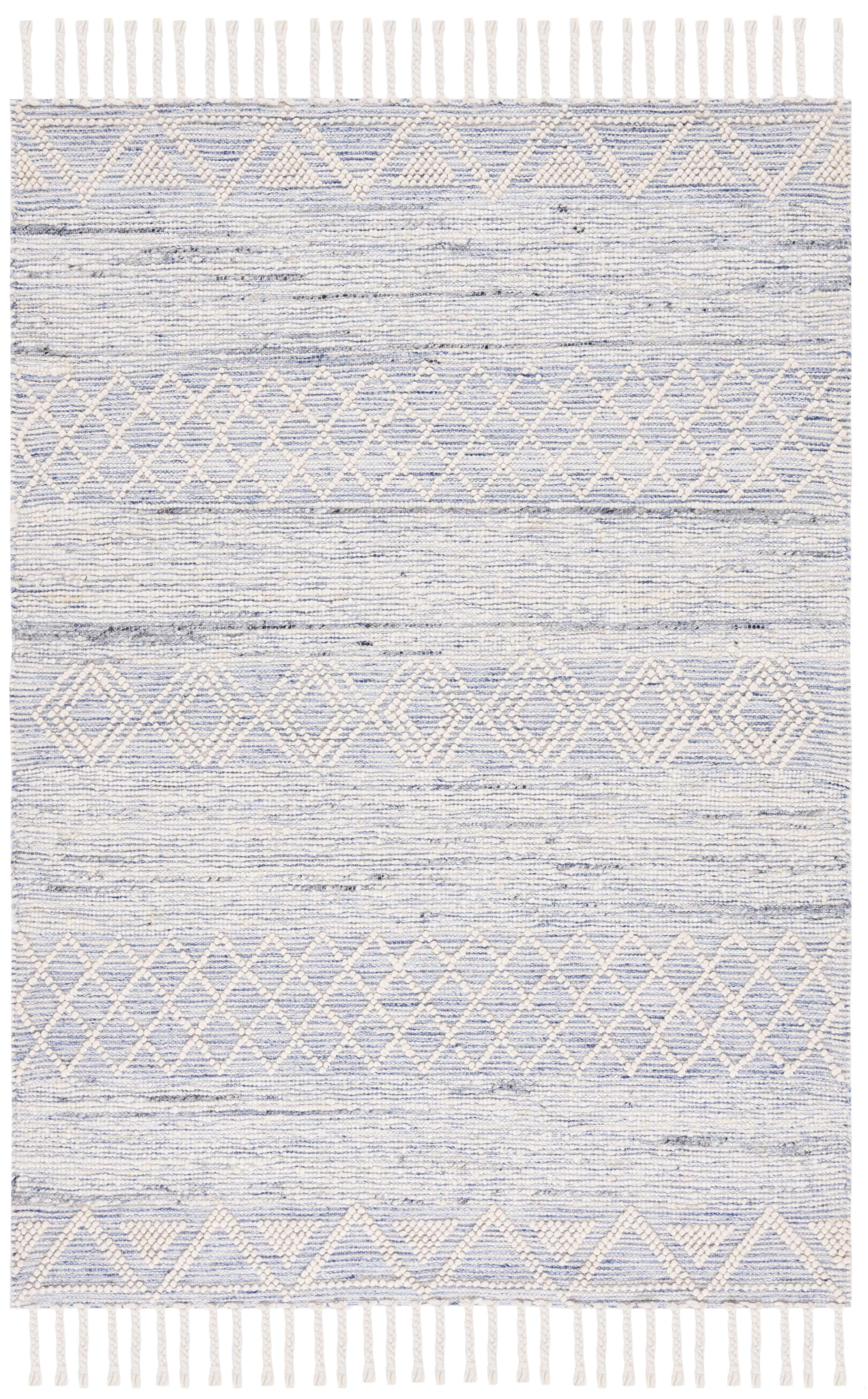 Ivory and Blue Handwoven Wool Area Rug with Fringe