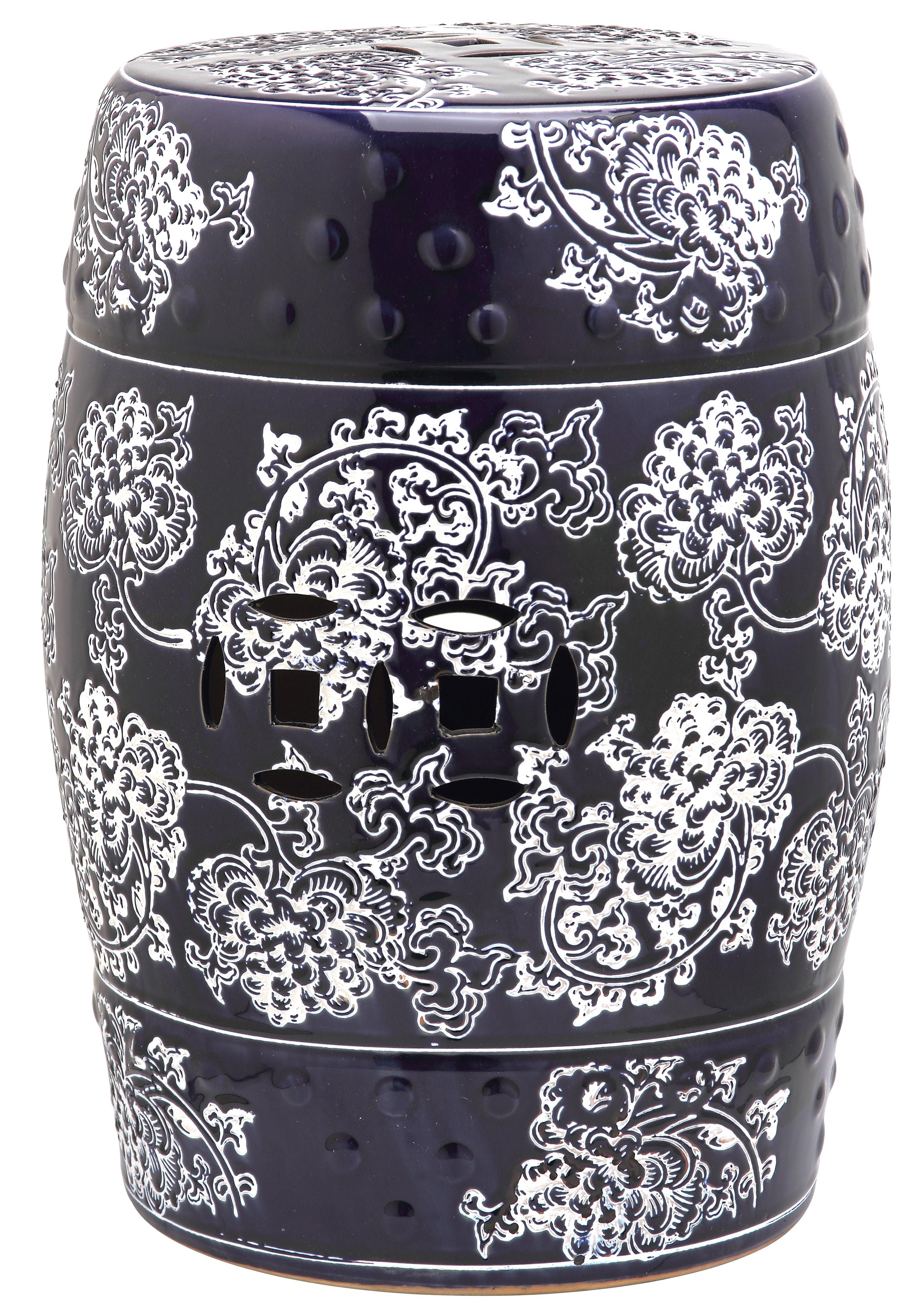 Midnight Flower Ceramic Garden Stool - Navy/White - Safavieh.