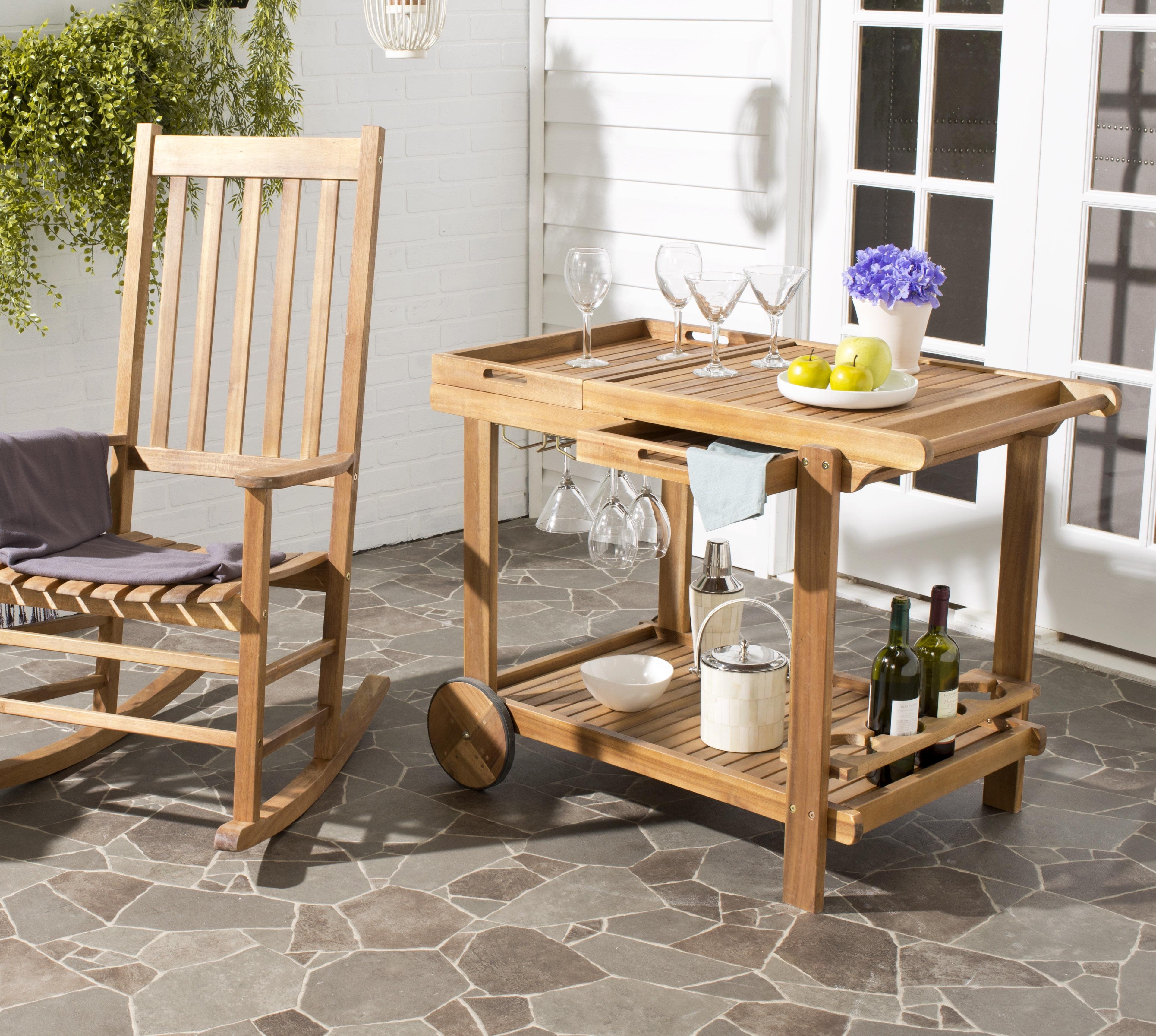 Transitional Acacia Wood Serving Cart with Wine Rack and Storage
