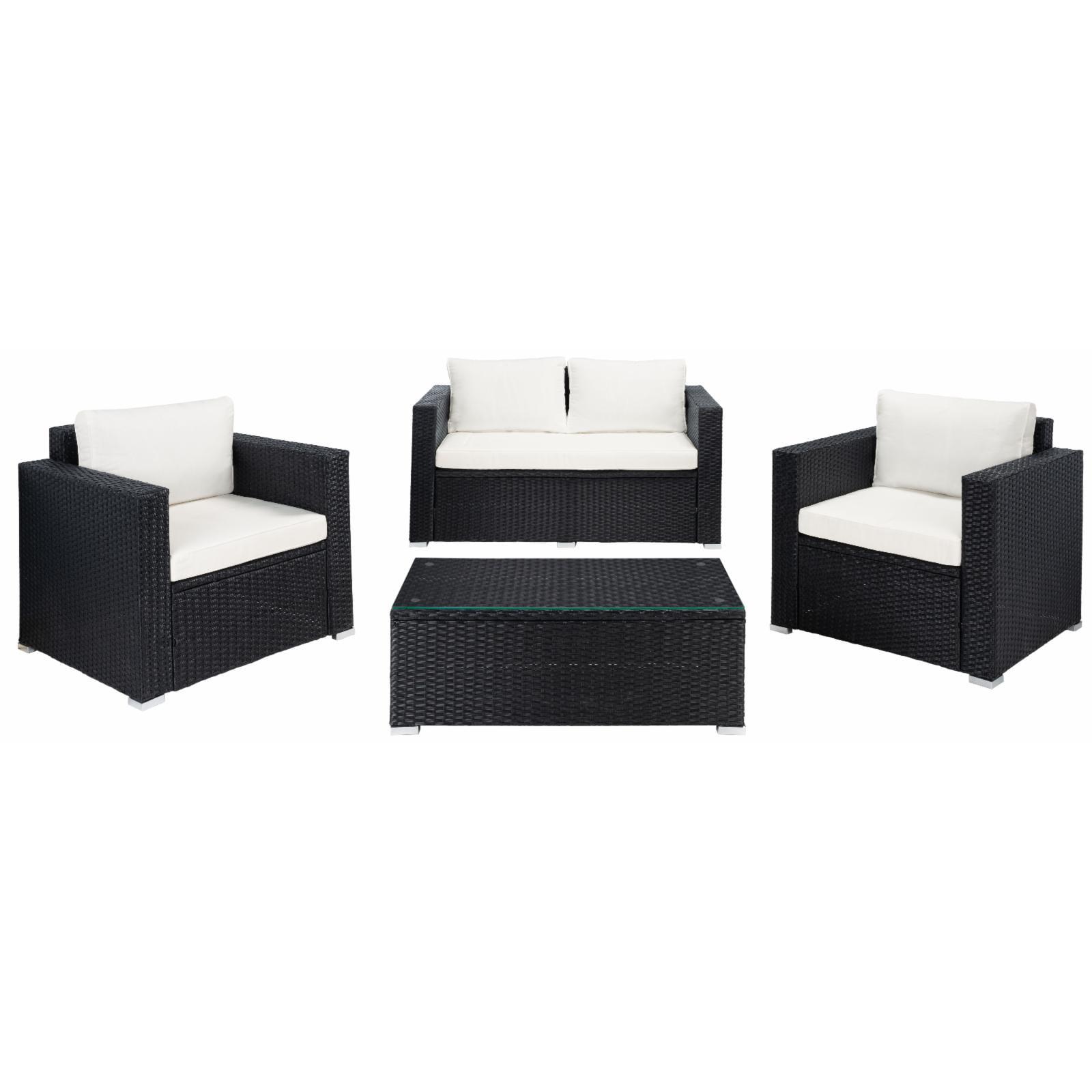 Natural Wicker and White Cushions 4-Piece Patio Set