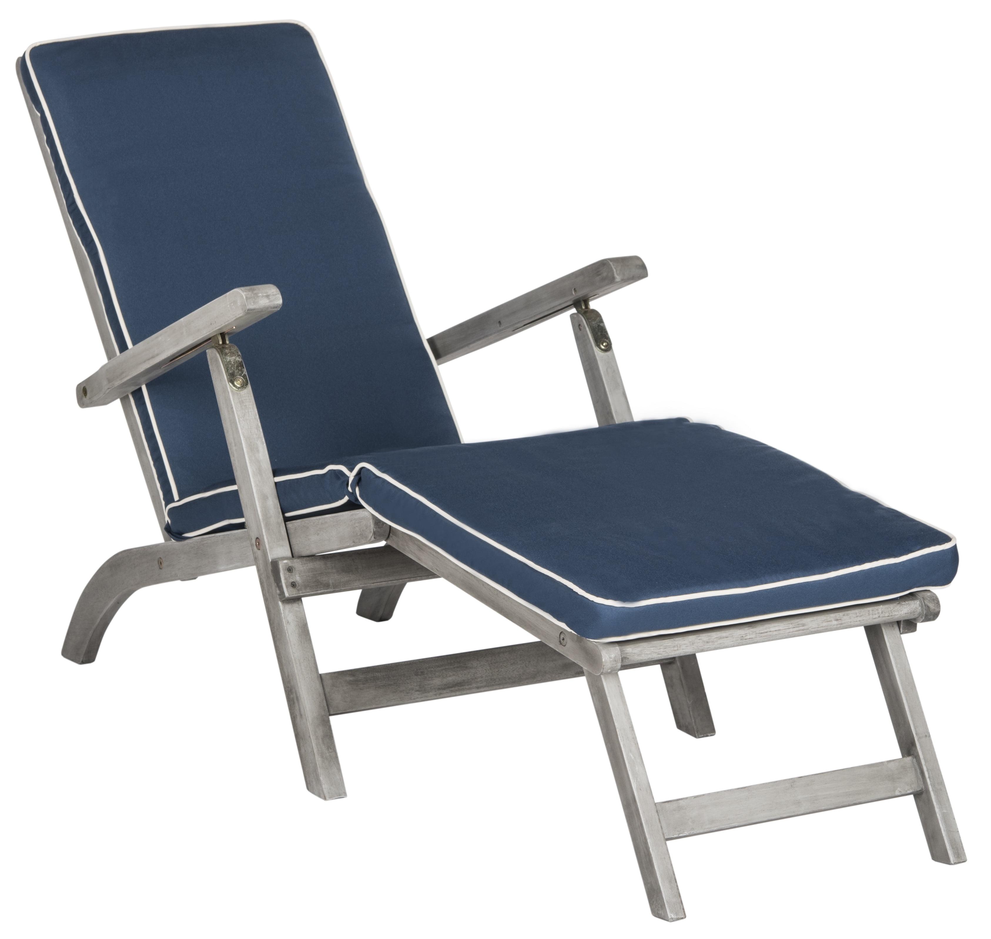 Elegant Oceanliner Inspired Acacia Wood Lounge Chair with Navy Cushion