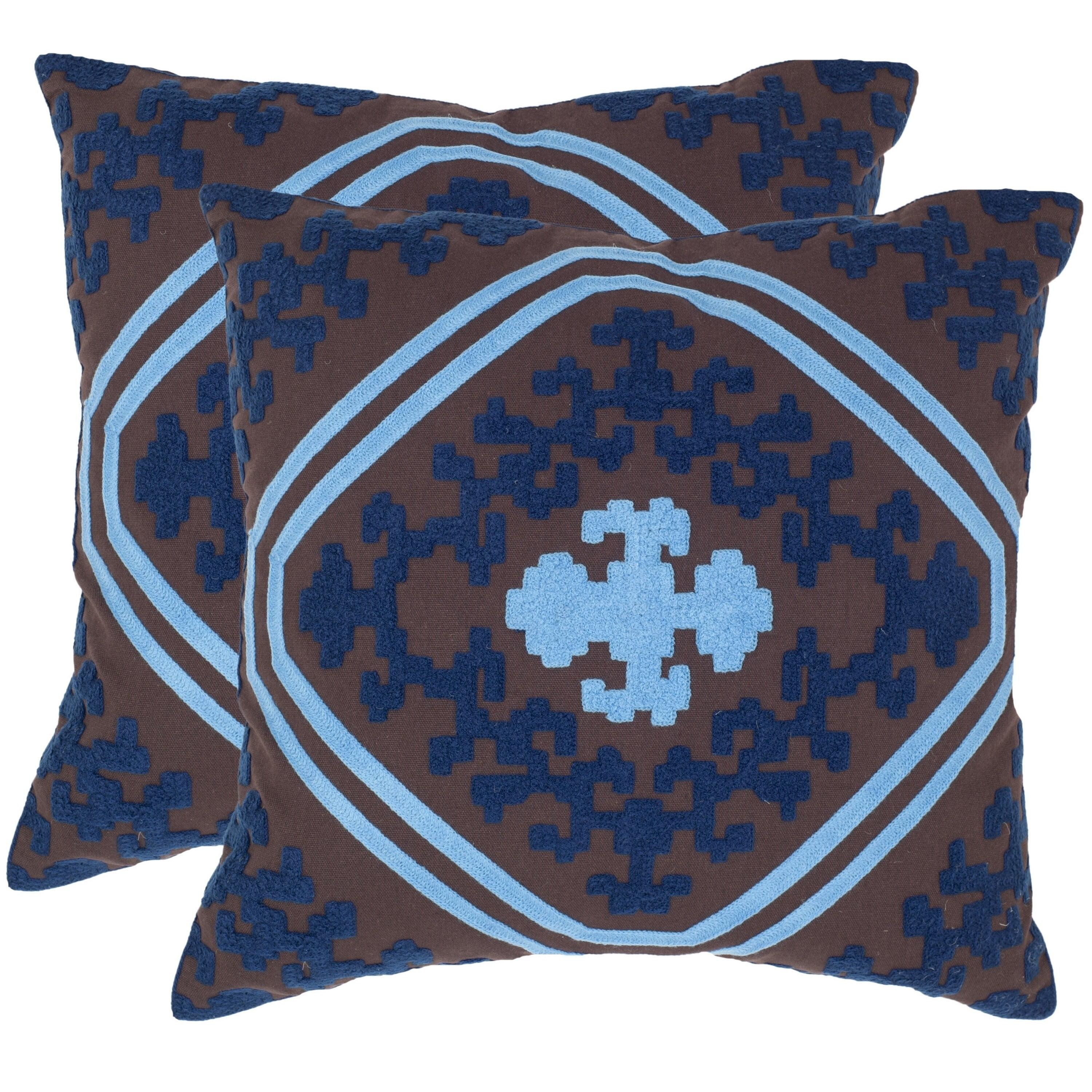 Indigo and Chocolate Ikat Embroidered Cotton Square Pillow Set