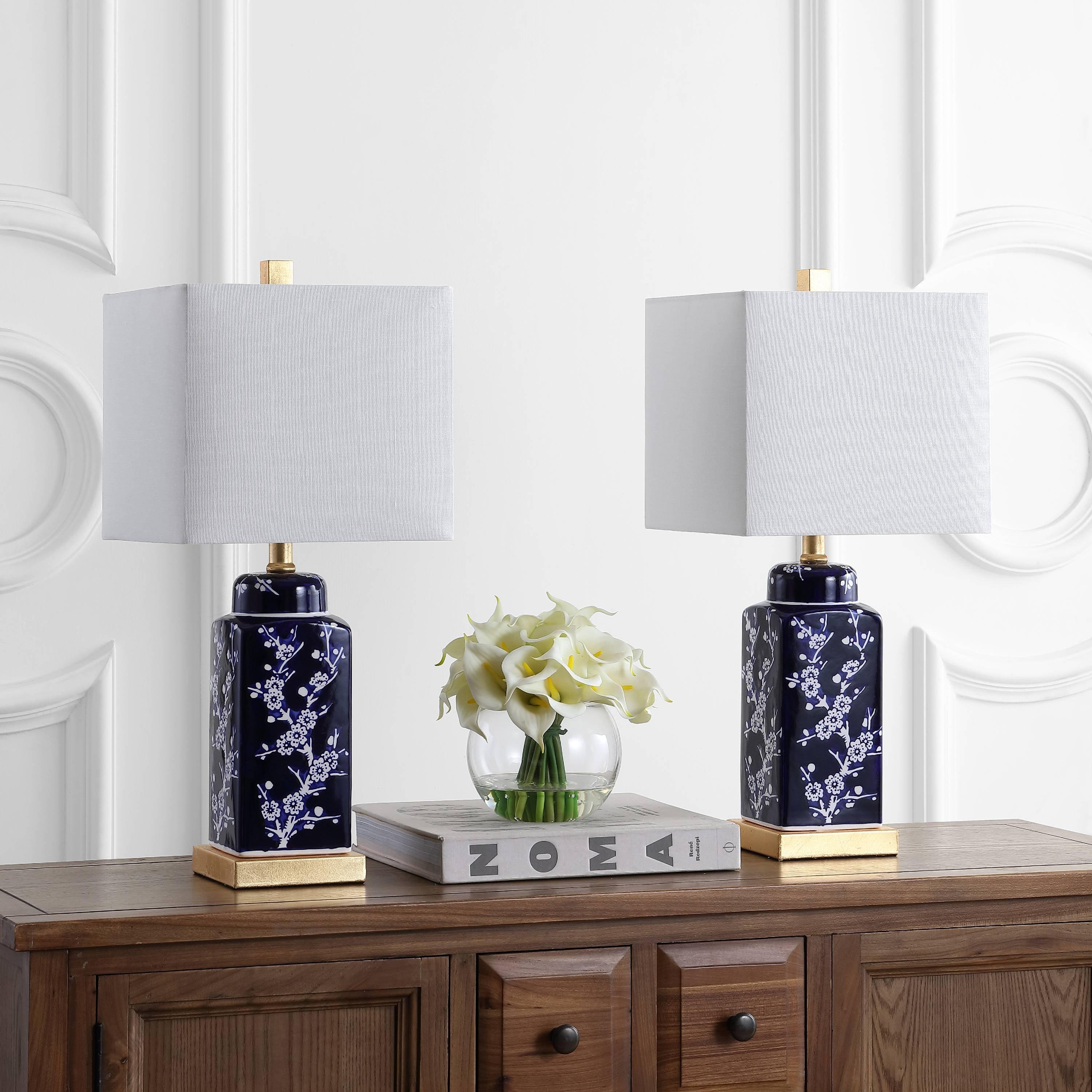 Pilar Navy and White Ceramic Floral Table Lamp Set