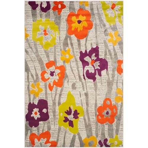 Gray and Purple Floral Synthetic Area Rug, 8'2" x 11'