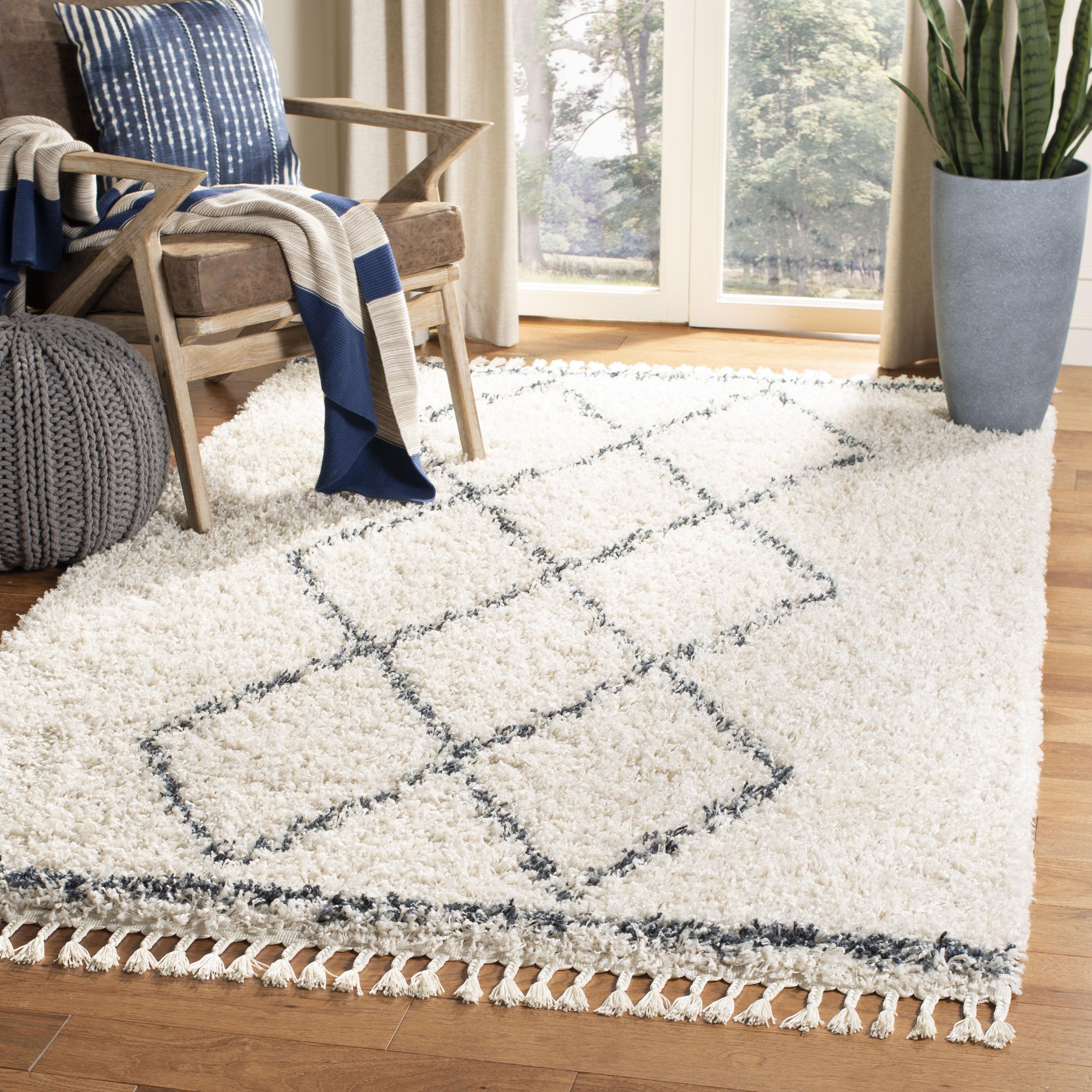 Off-White Geometric Hand-Knotted Shag Area Rug