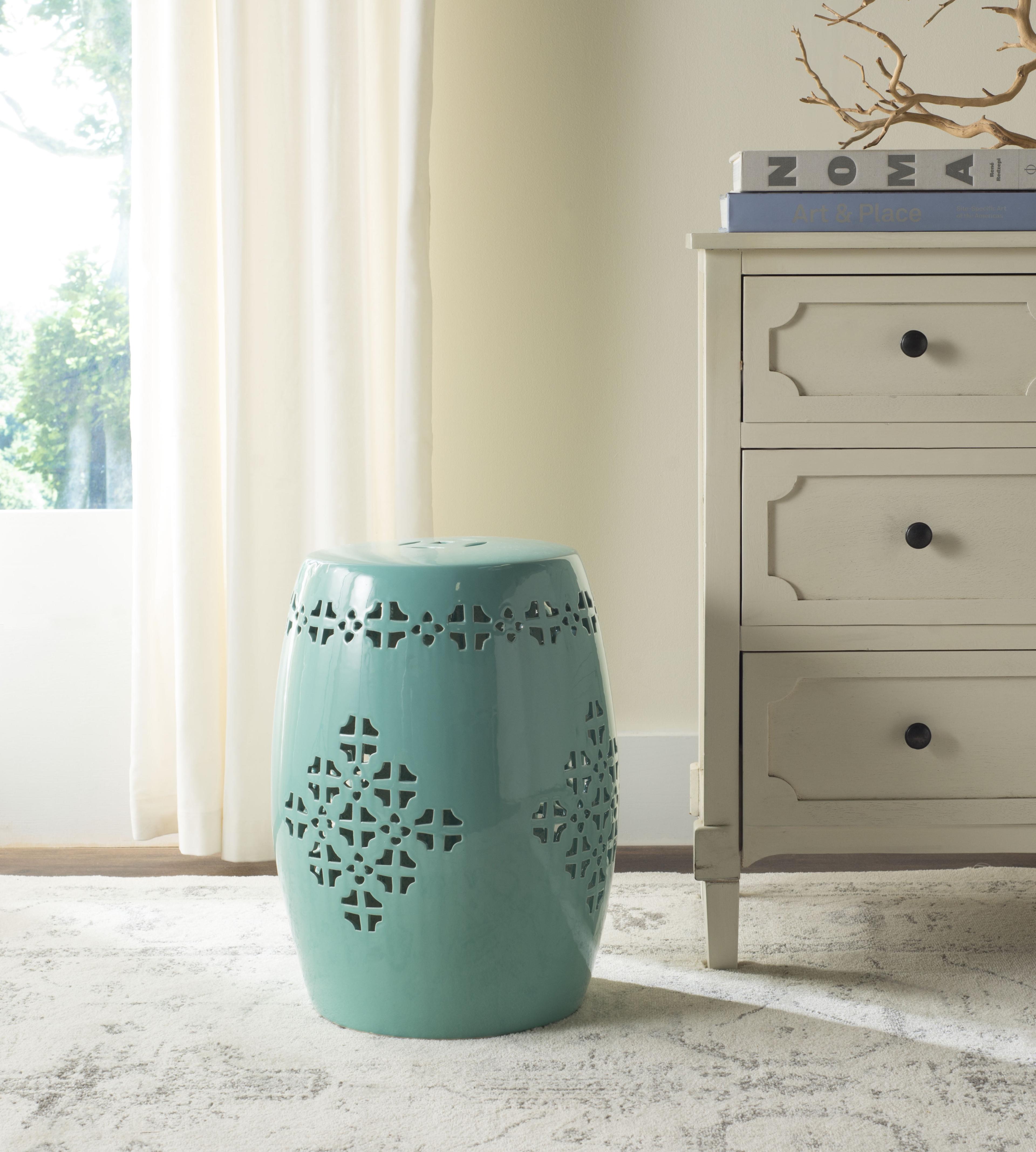 Boho-Chic Aqua Quatrefoil Ceramic Garden Stool, 14"x18"