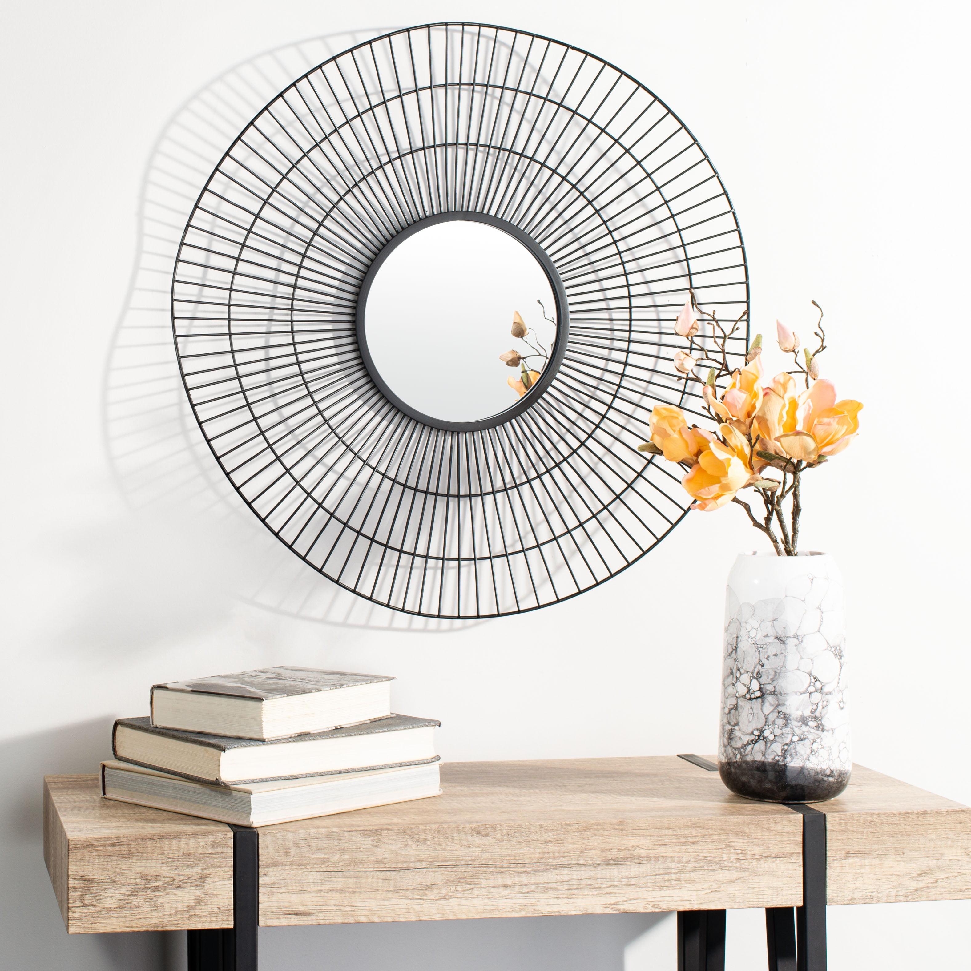 30" Contemporary Round Black Wood Mirror with Abstract Waves