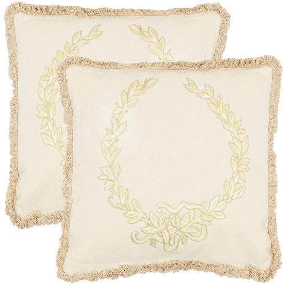 Wheat and Yellow Embroidered Cotton Square Throw Pillows, Set of 2