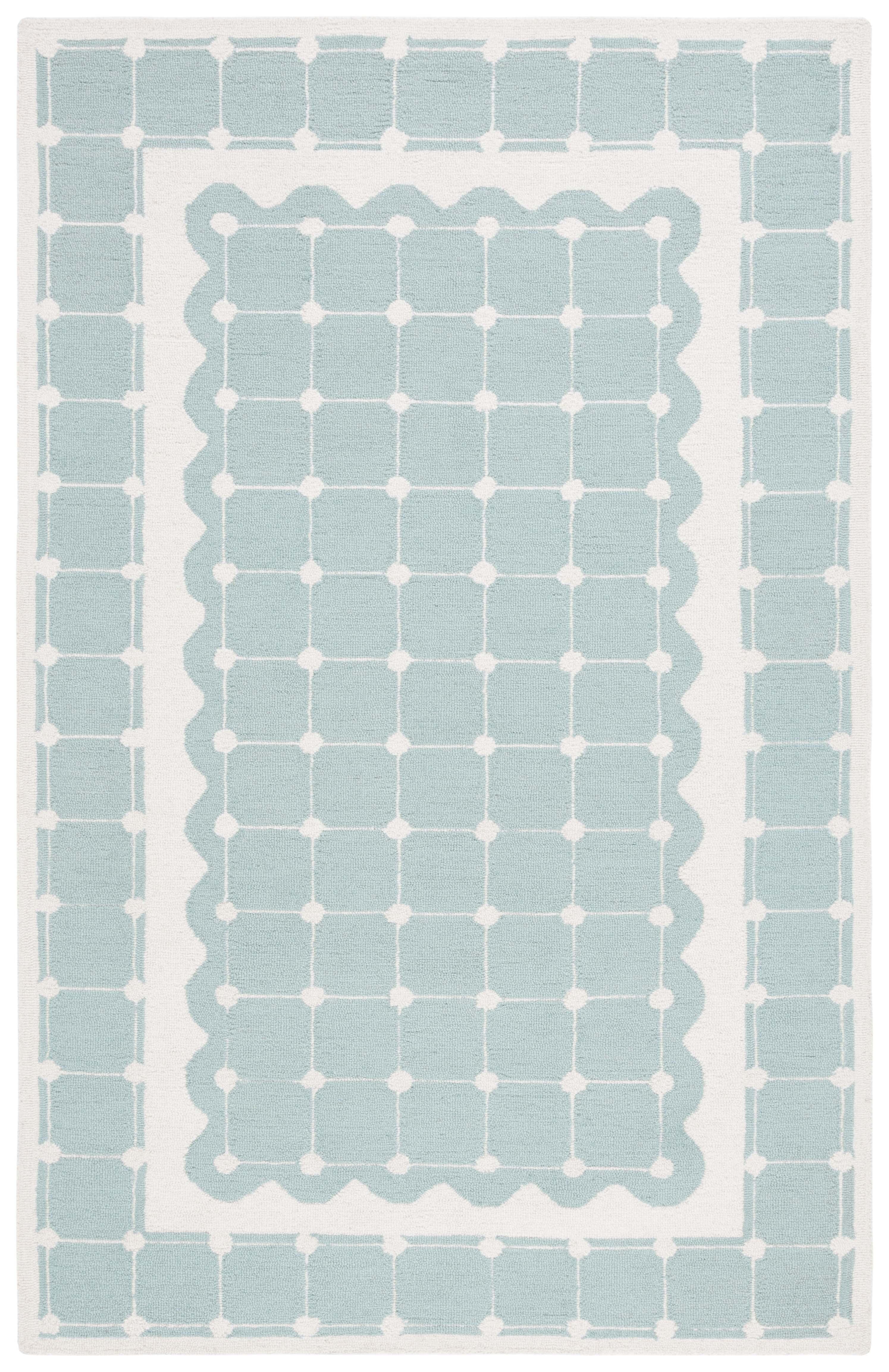 Turquoise and Ivory Geometric Wool Kids Area Rug, 3' x 5'