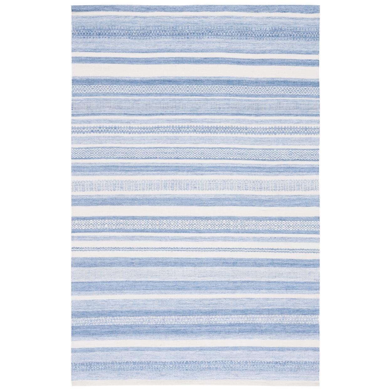 Ivory and Blue Striped 4' x 6' Flat Woven Wool Rug