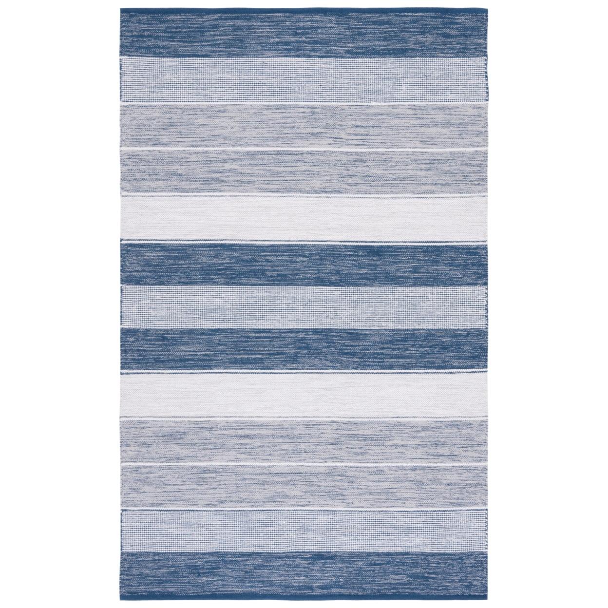 Modern Boho Grey and Blue Striped Kilim Wool-Cotton Rug 6'x9'