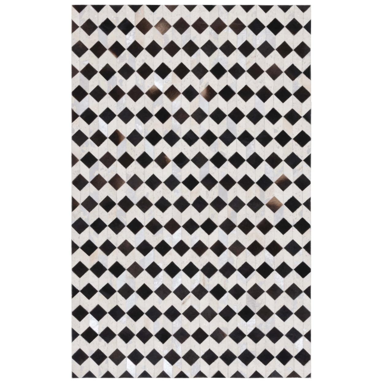 Handmade Black and Beige Geometric Cowhide Rug