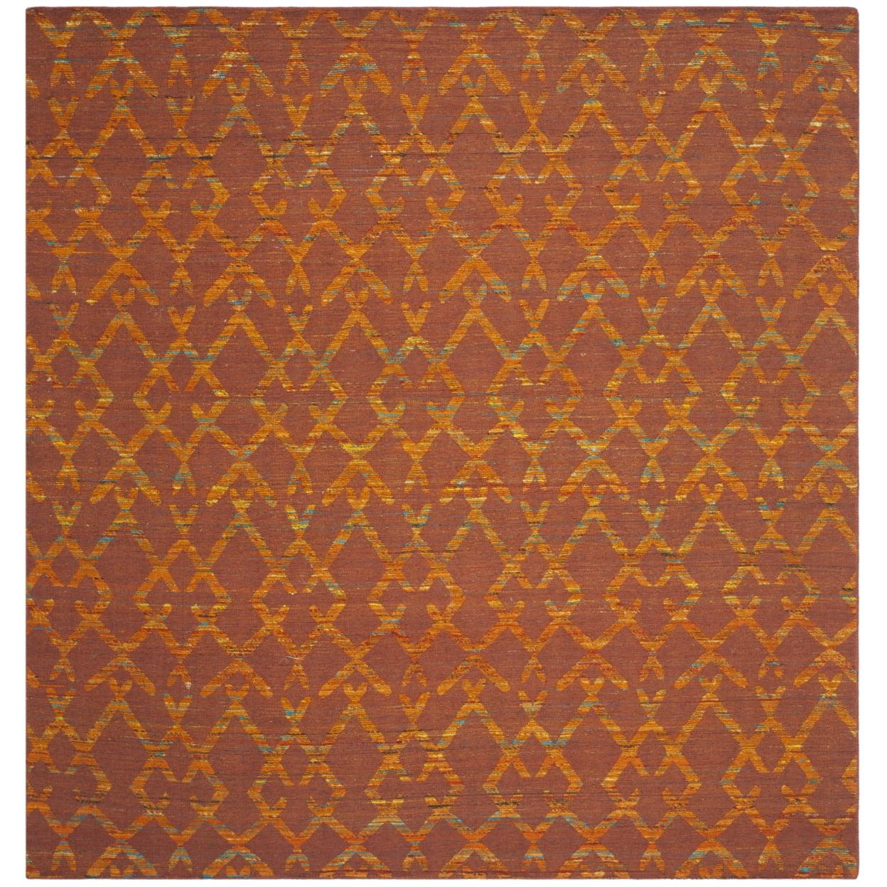 Rust and Gold Geometric Wool Flatweave Rug, 7' Square