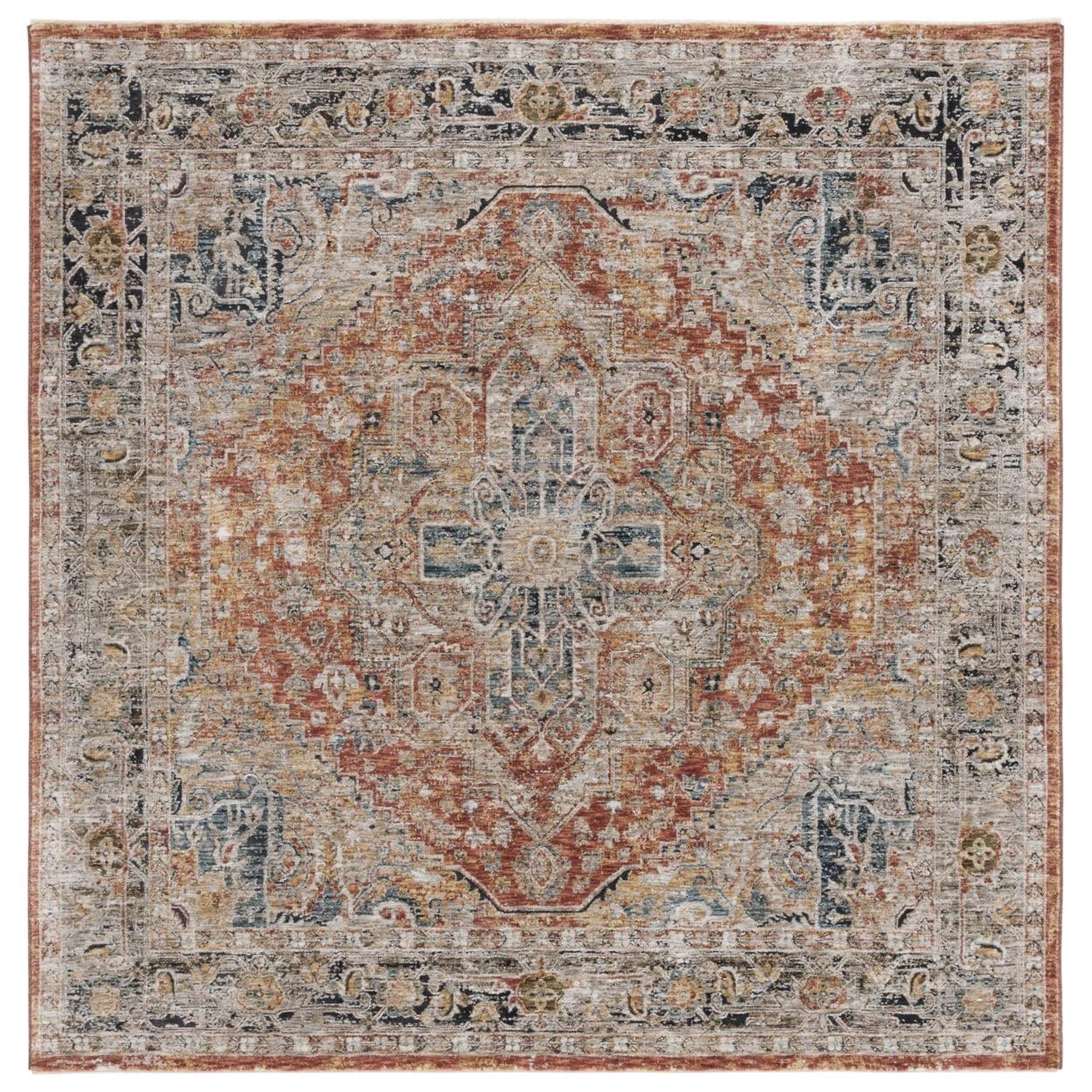 Rust and Blue Square Hand-Knotted Synthetic Rug