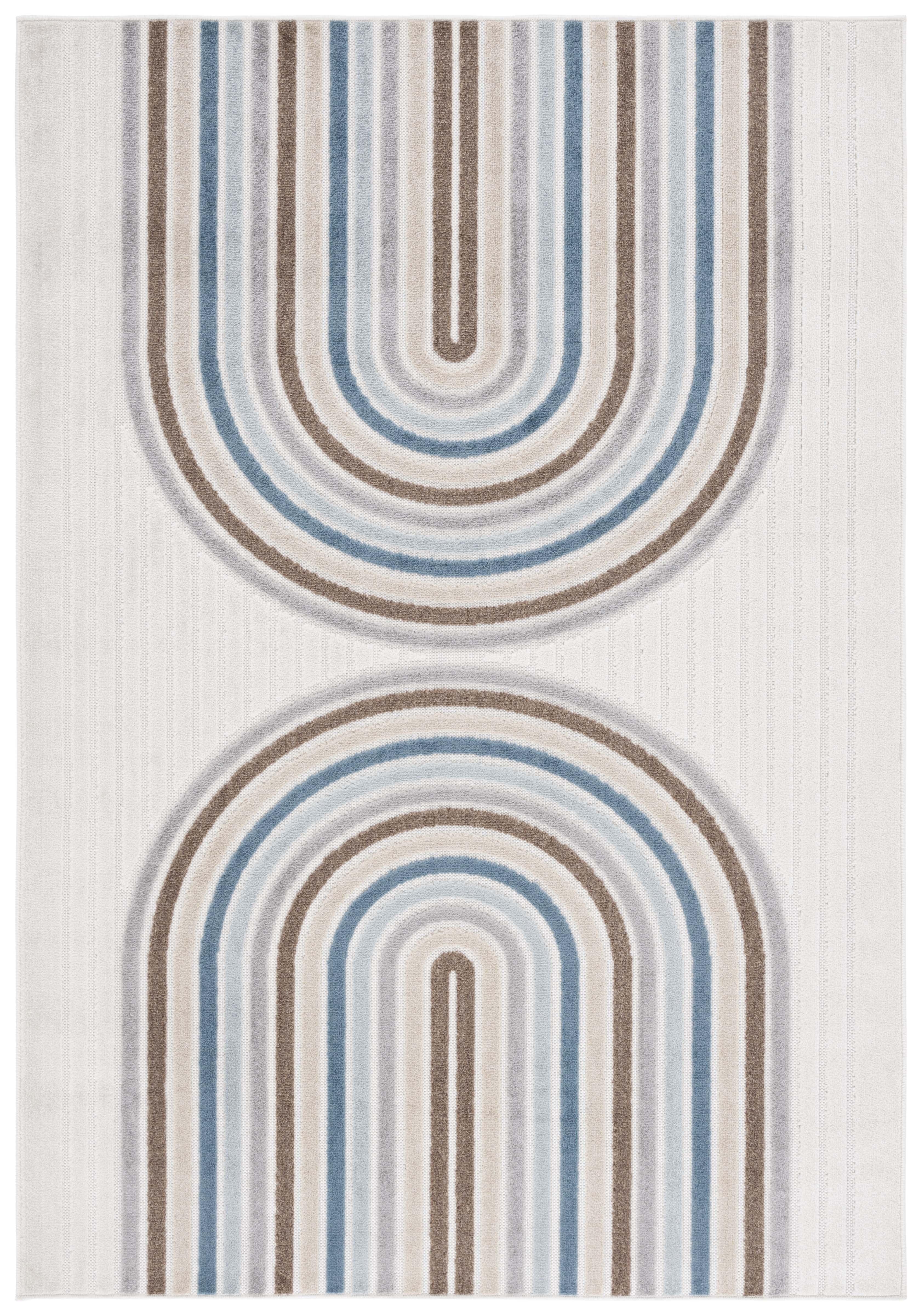 Ivory and Brown Blue Geometric Synthetic Indoor/Outdoor Area Rug, 5'2" x 7'6"