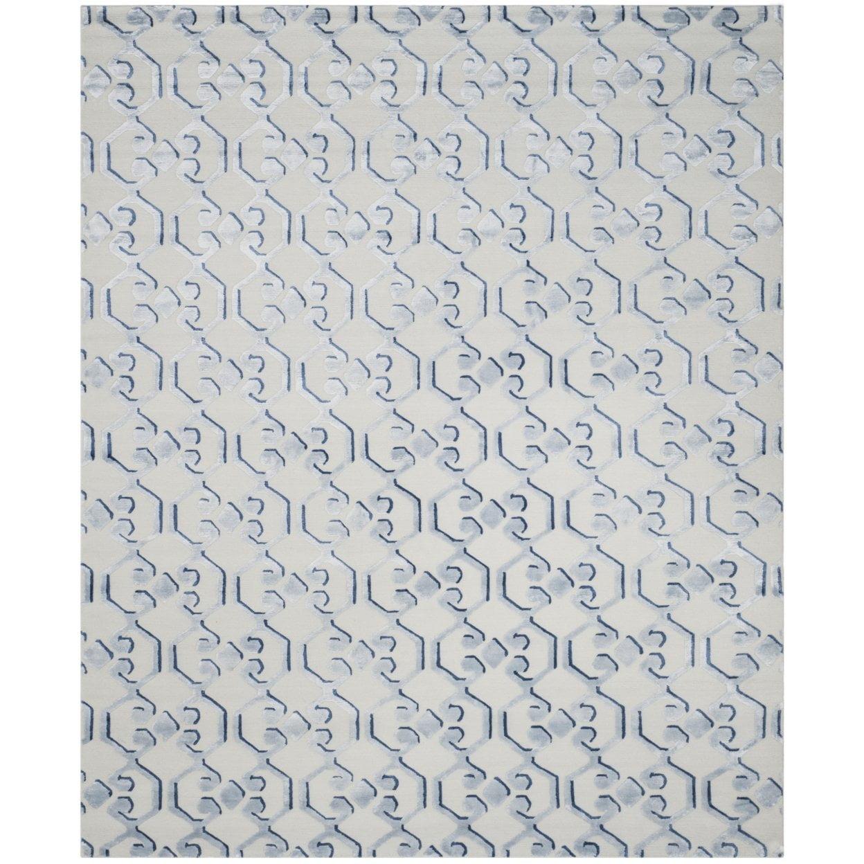 Hand-Knotted Blue and Ivory Geometric Wool Rug, 6' x 9'