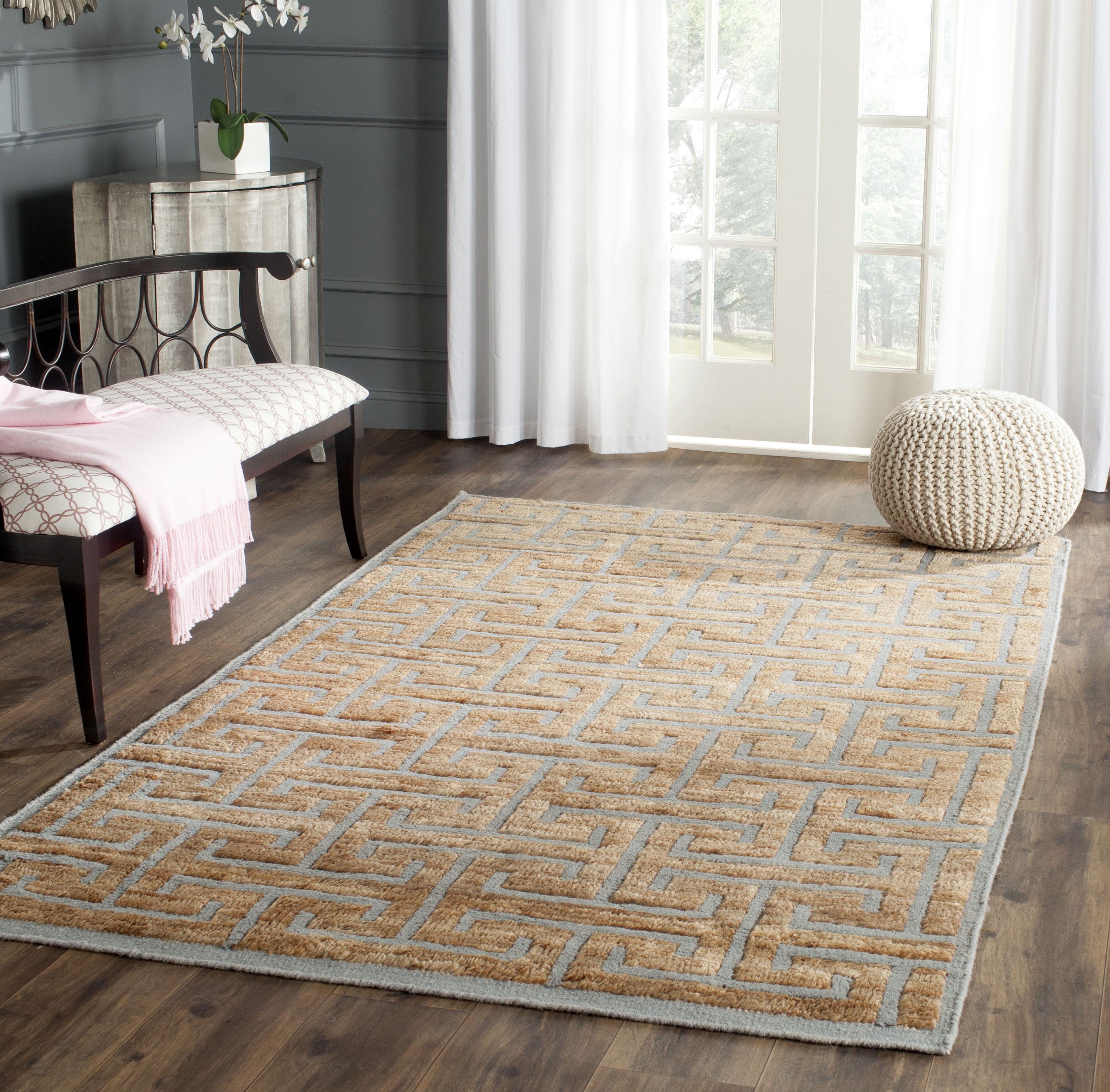 Hand-Knotted Geometric Grey/Beige Wool & Viscose 4' x 6' Rug