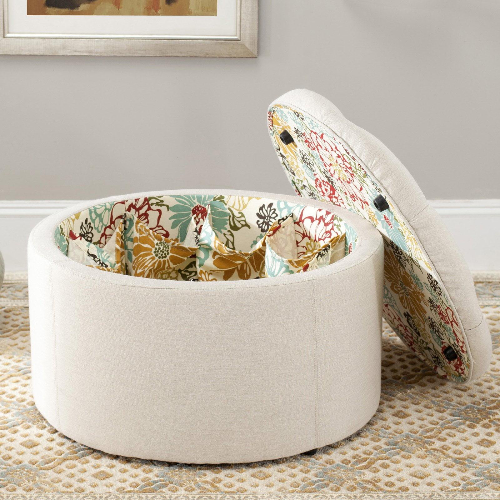 Luxurious Tufted Linen Round Storage Ottoman in Off-White