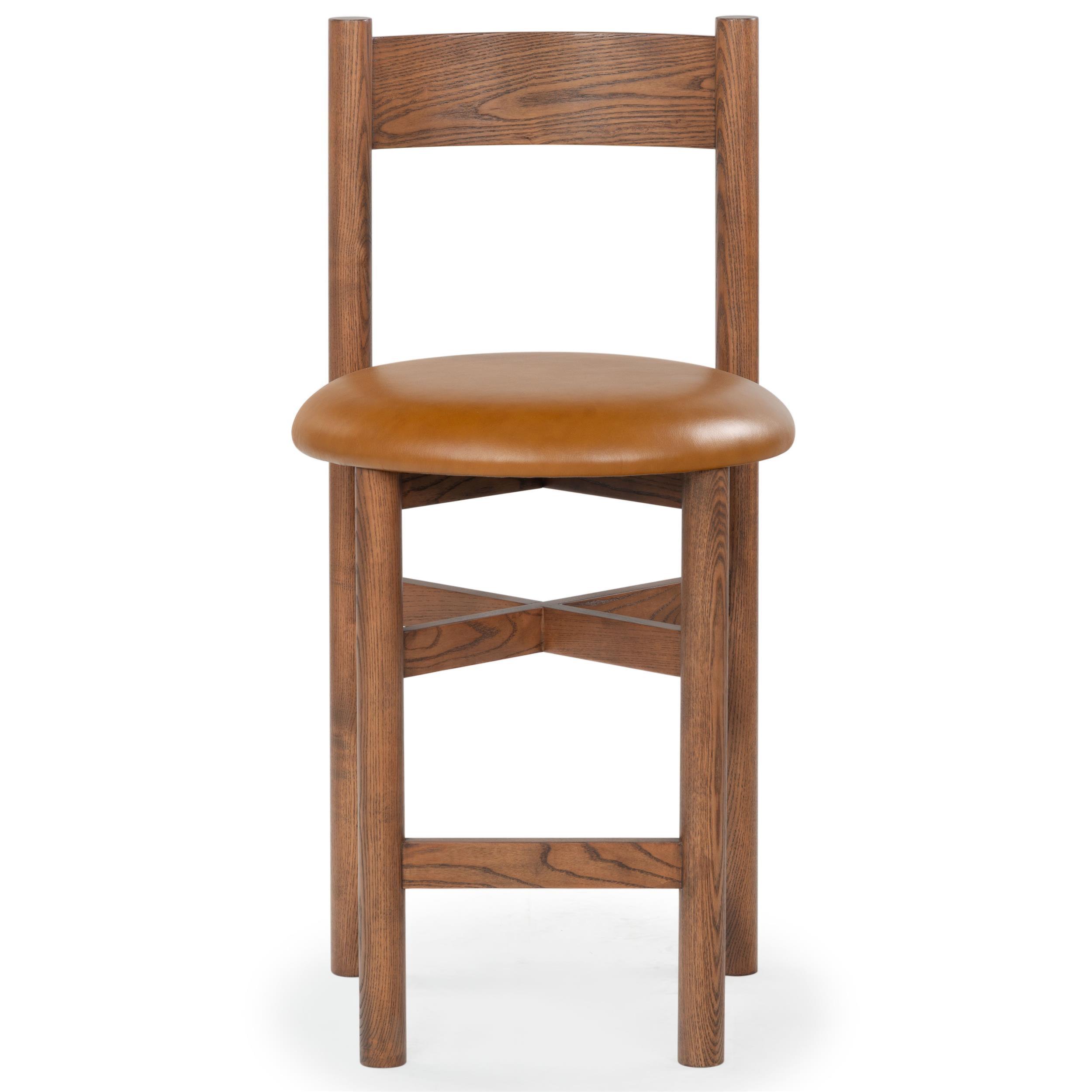 Walnut Brown Wood and Leather Counter Stool