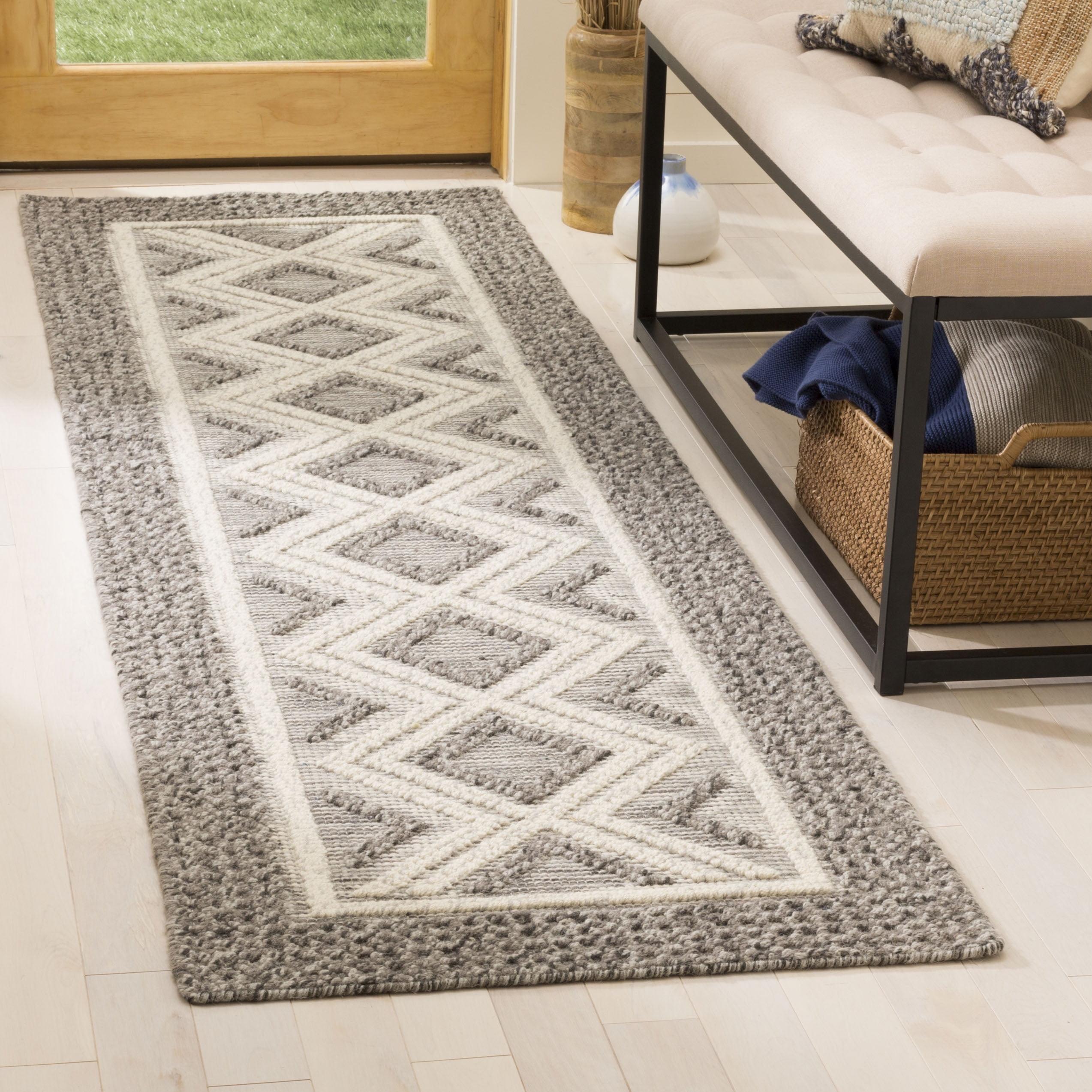 Ivory and Grey Handwoven Wool Geometric Runner Rug