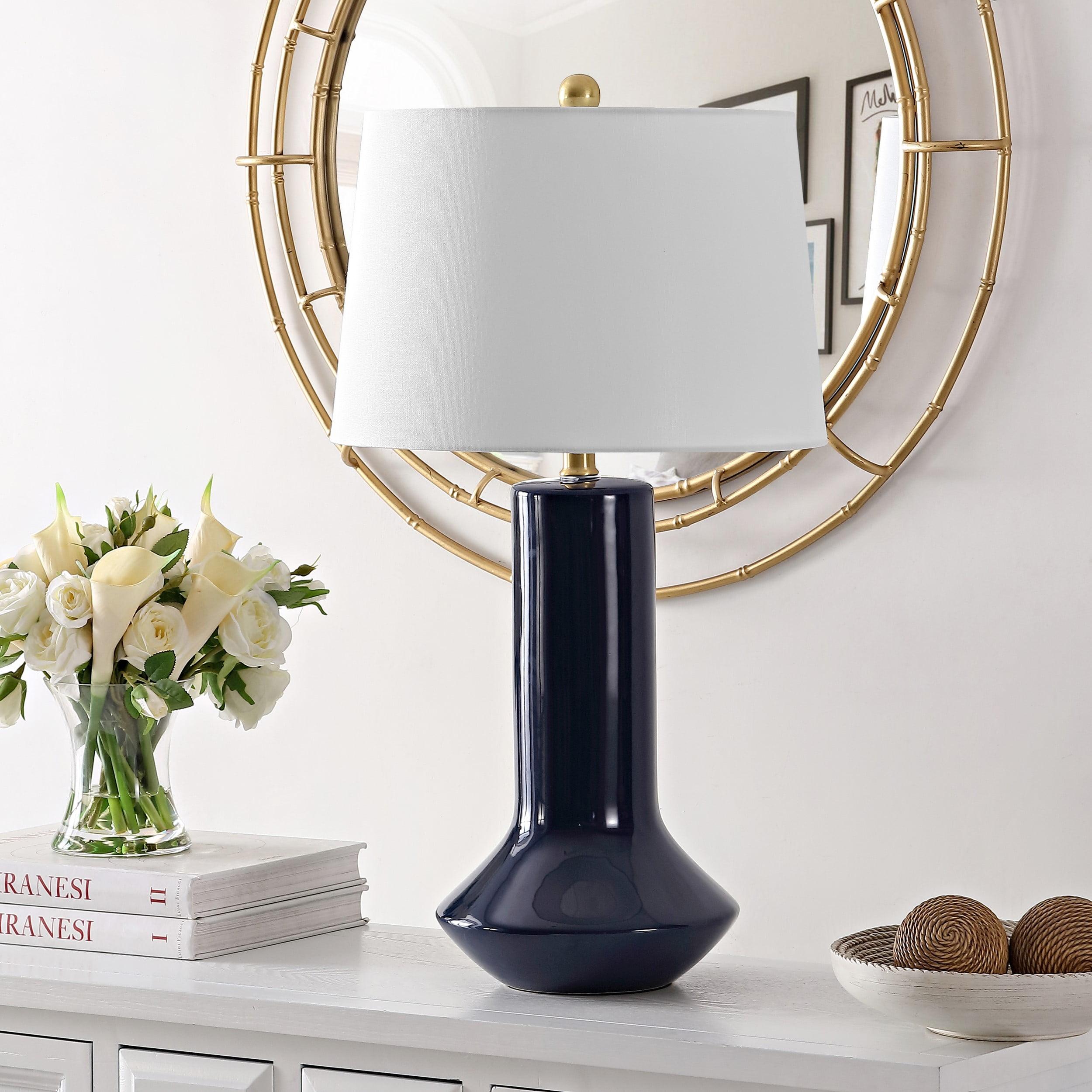 Navy Blue Ceramic Table Lamp with White Drum Shade