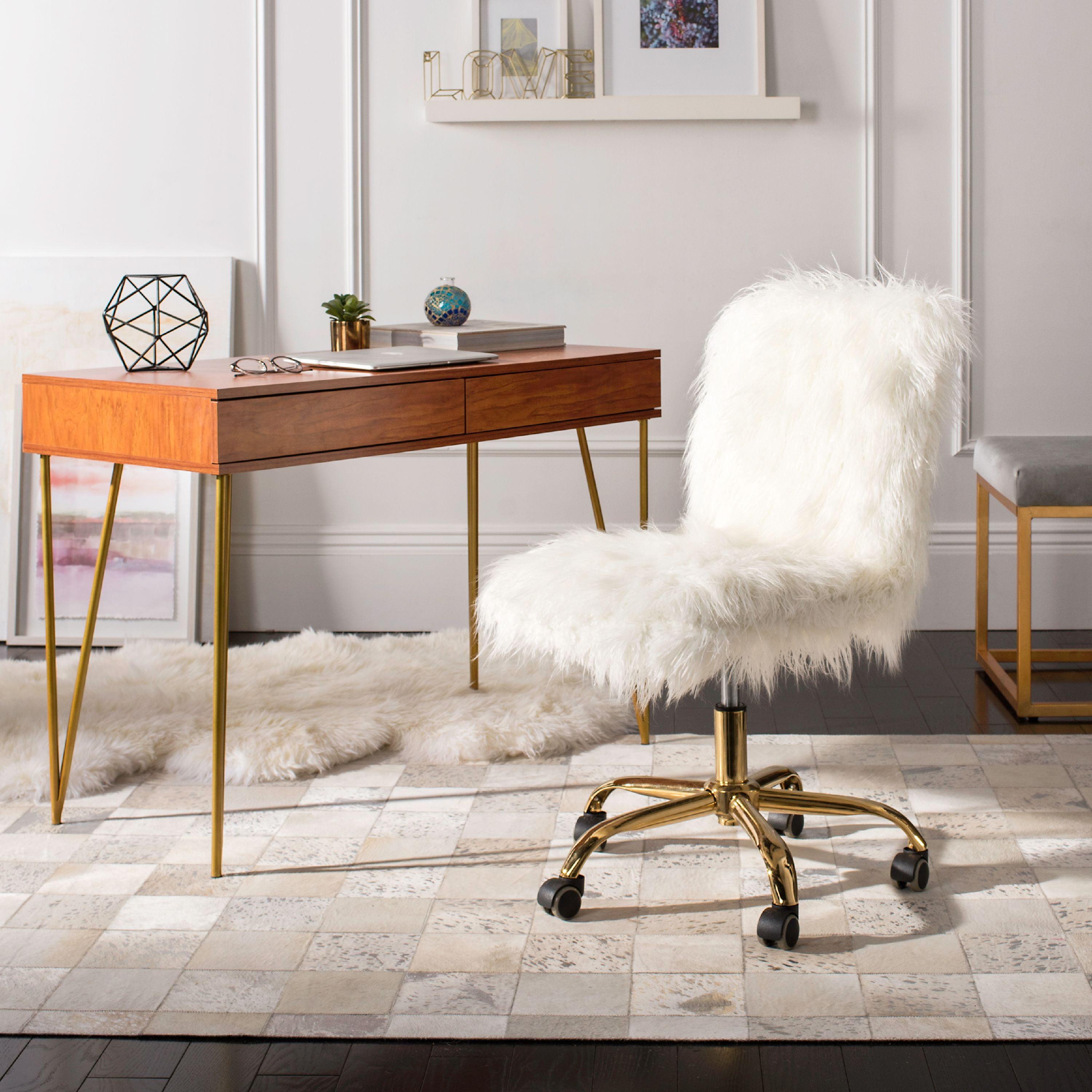 26'' White and Gold Faux Sheepskin Transitional Swivel Task Chair