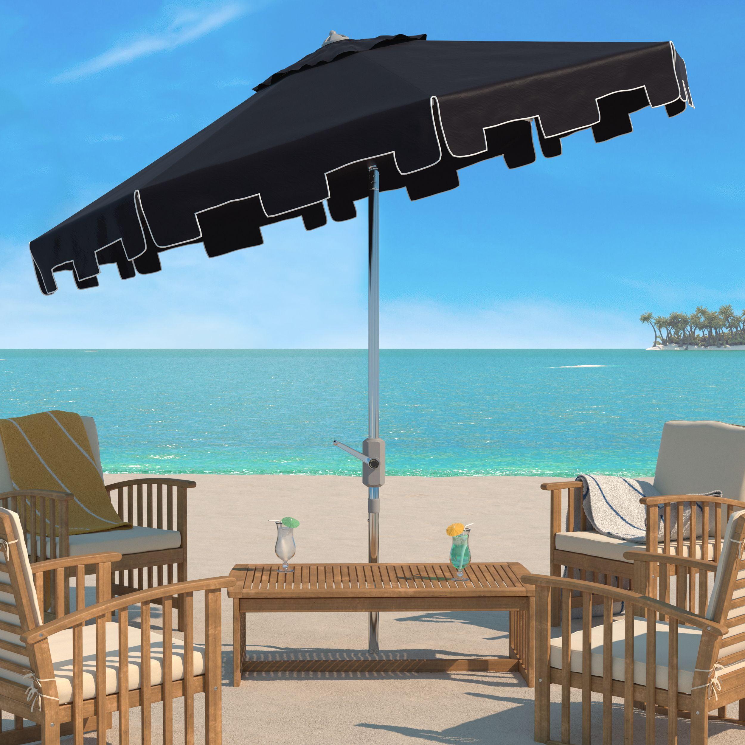 UV Resistant Zimmerman 9 Ft Crank Market Push Button Tilt Umbrella With Flap - PAT8000 - Black/White - Safavieh