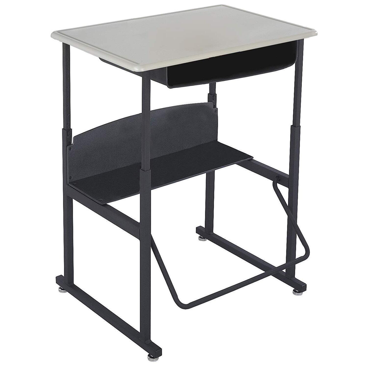 Adjustable Black Metal Writing Desk with Swinging Footrest and Storage Shelf