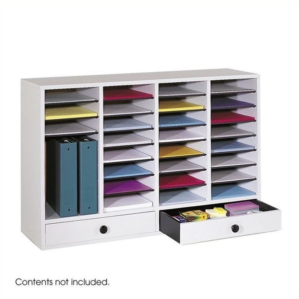 Wood Adjustable Literature Organizer, 32 Compartments with 2 Drawers