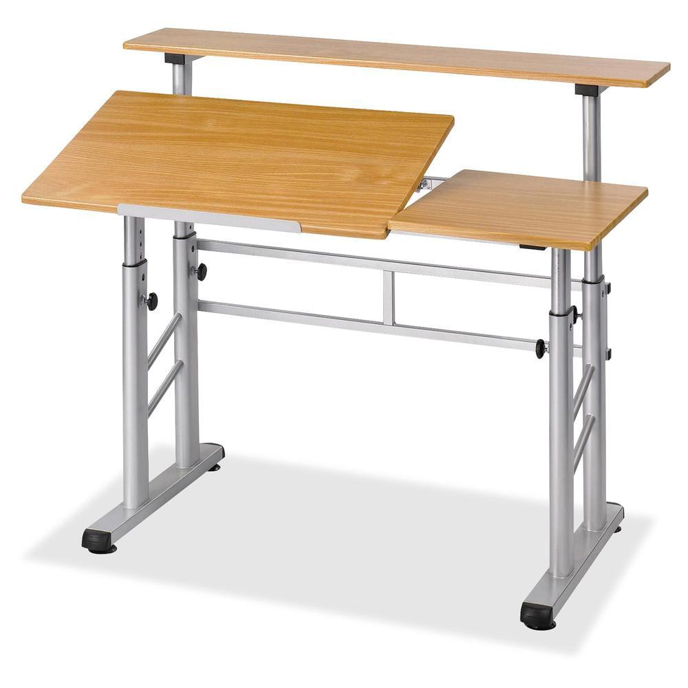 Medium Oak Adjustable Split-Level Drafting Table with Steel Base