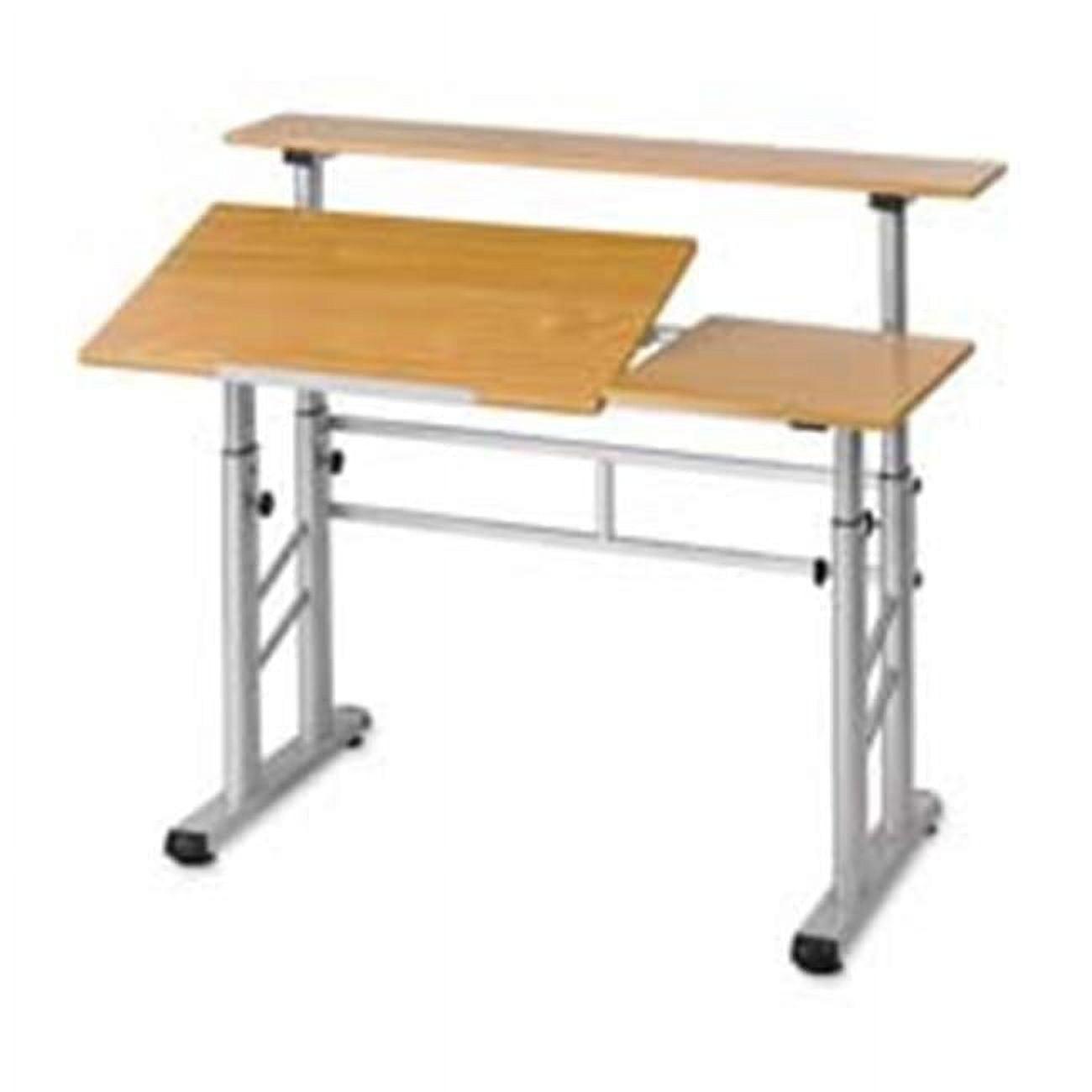 Medium Oak Adjustable Split-Level Drafting Table with Steel Base