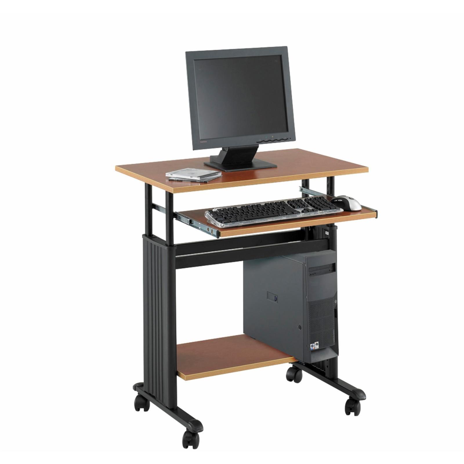 Cherry and Black Adjustable Height Mobile Workstation Cart with Keyboard Tray