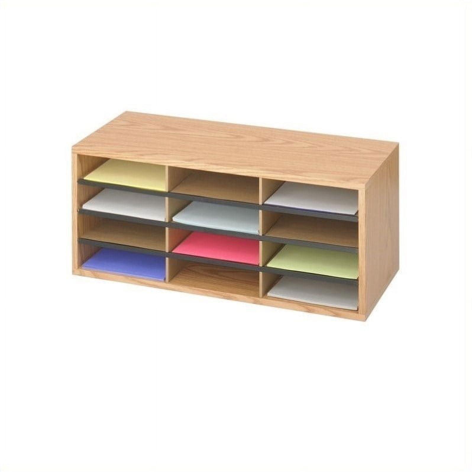 Medium Oak 12-Compartment Corrugated Mail Organizer with Labels