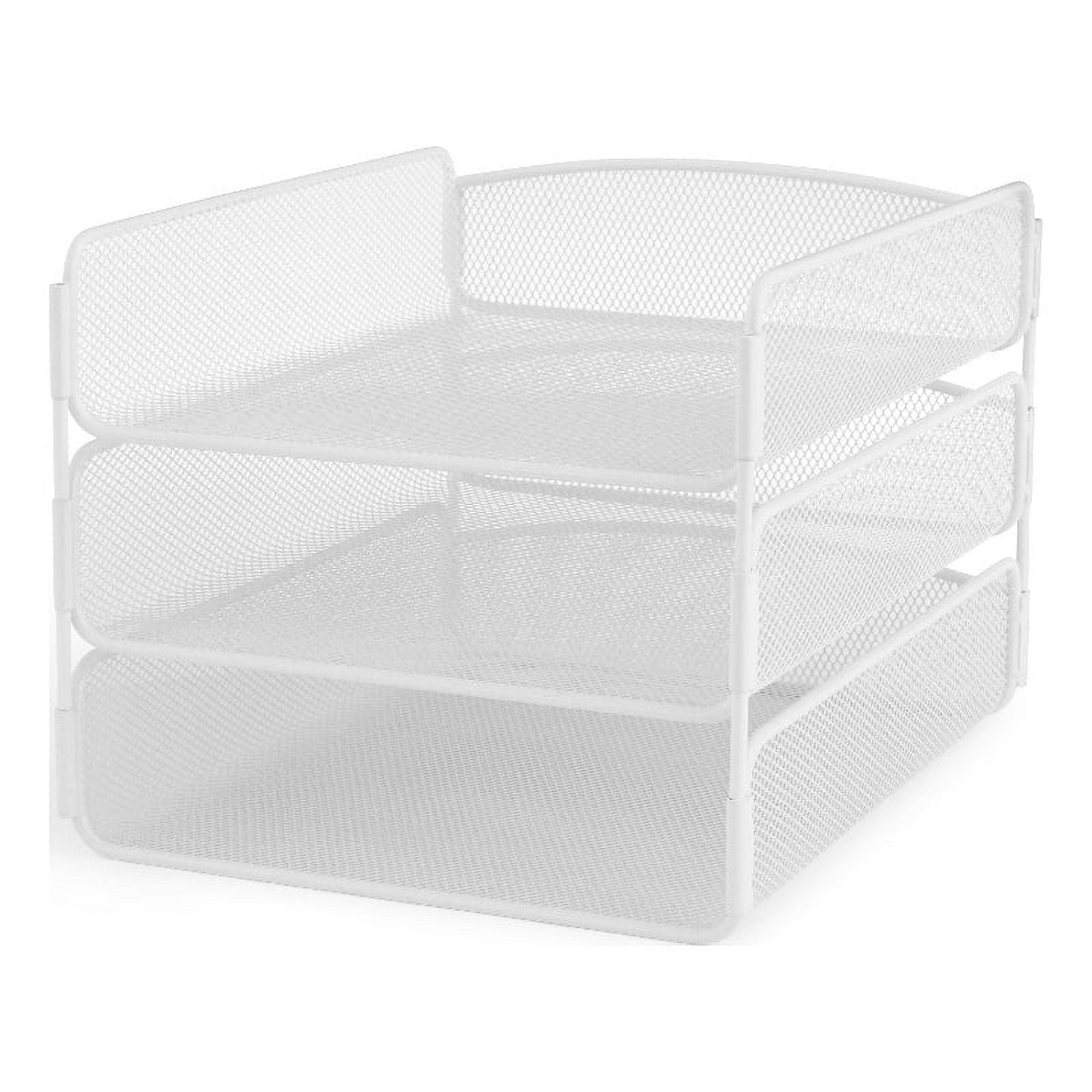 Sleek White Steel Mesh Triple Tray Desk Organizer