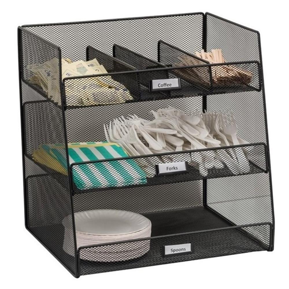 Safco Onyx Breakroom Organizers, 3 Compartments,14.63 x 11.75 x 15, Steel Mesh, Black