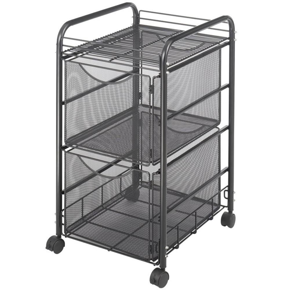 Black Steel Mesh Mobile File Cart with Two Drawers