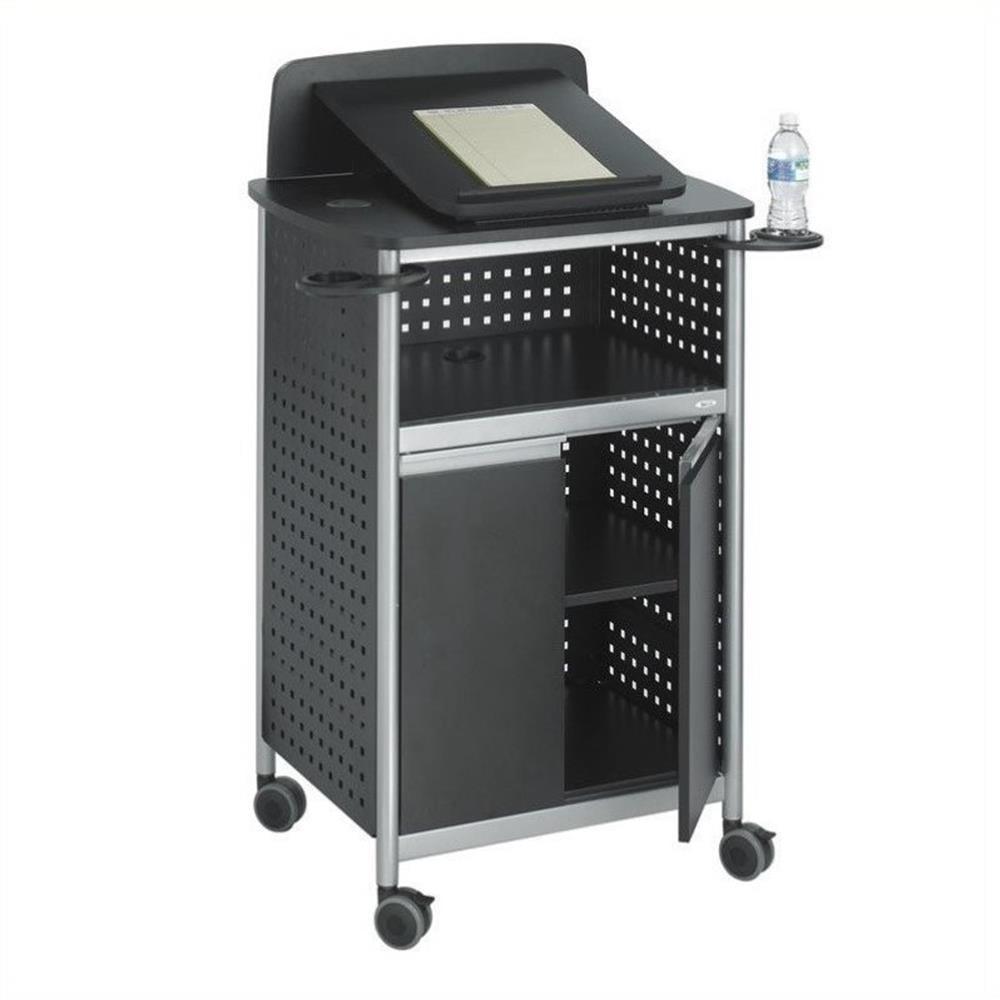 Black Powder-Coated Steel Mobile Lectern with Adjustable Shelves