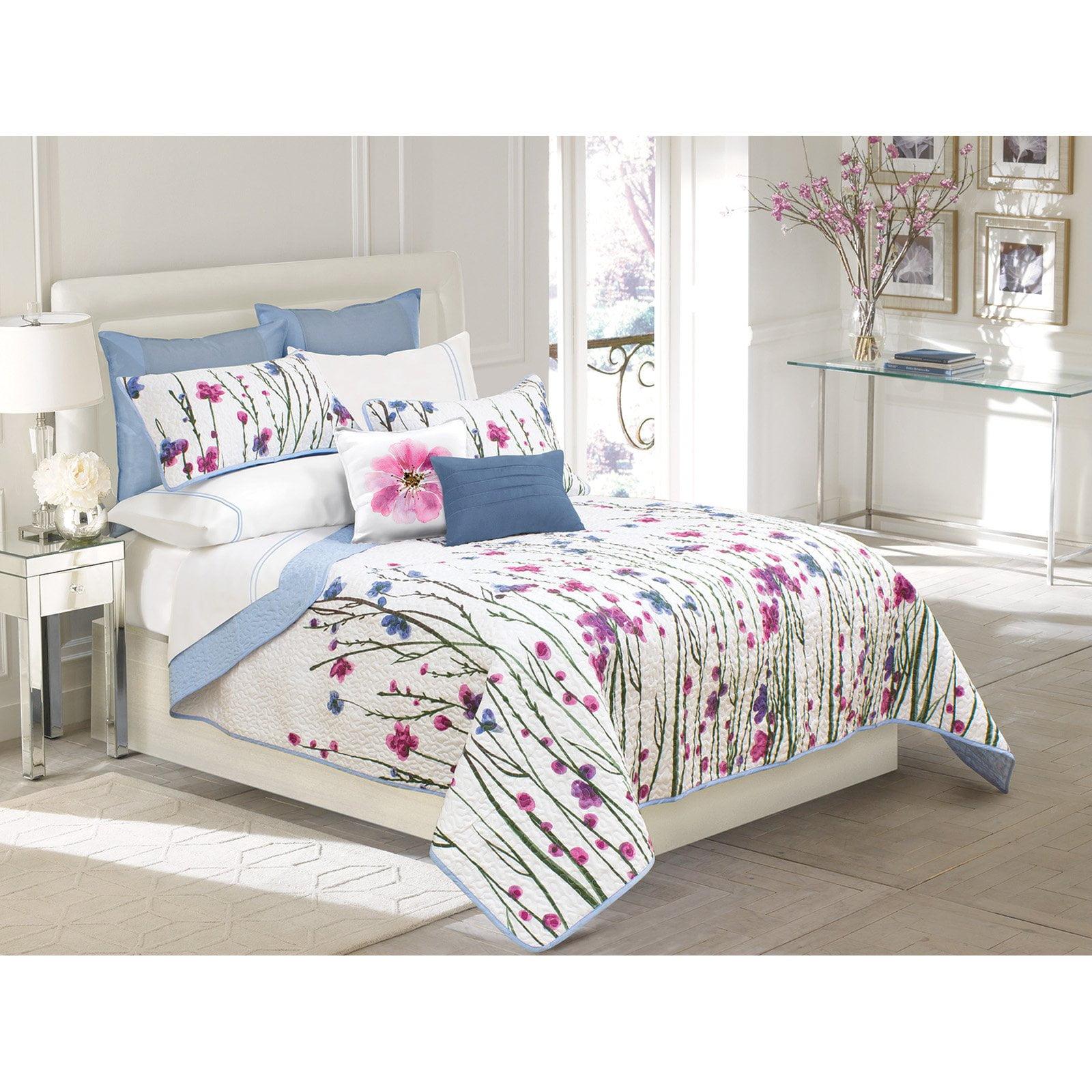 Blue Floral Reversible Microfiber Twin Quilt Set