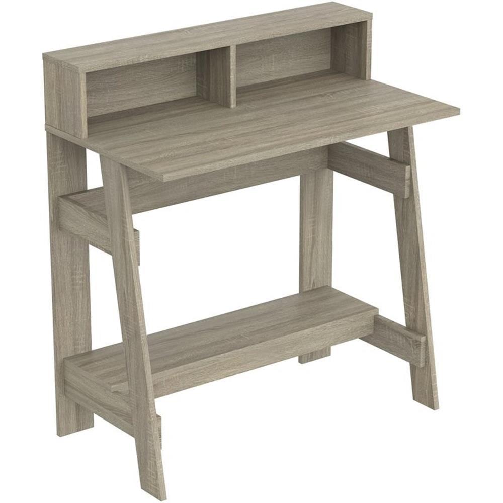 Compact Modern Dark Taupe Writing Desk with Hutch & Shelves