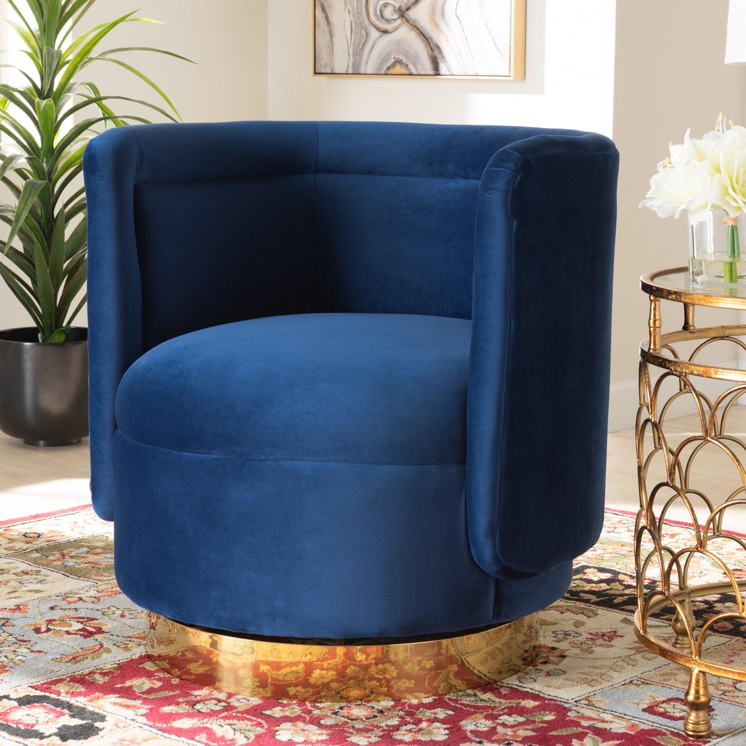 Saffi Glam and Luxe Royal Blue Velvet Fabric Upholstered Gold Finished Swivel Accent Chair