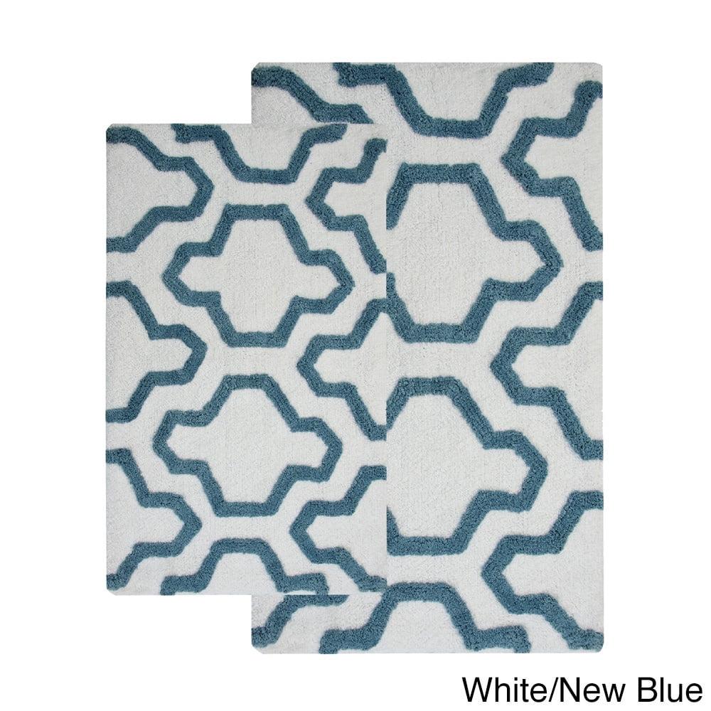 White and Blue Geometric Cotton Bath Rug Set